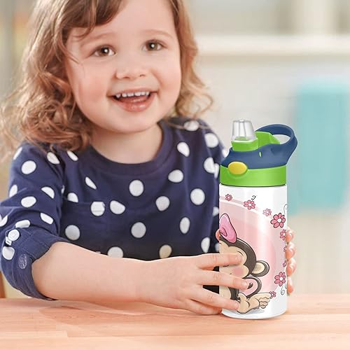 Miniatura 7 de MCHIVER Botella de agua para niños con popote de dibujos animados de monos y flores, botella de agua para niños y niñas, con aislamiento térmico,