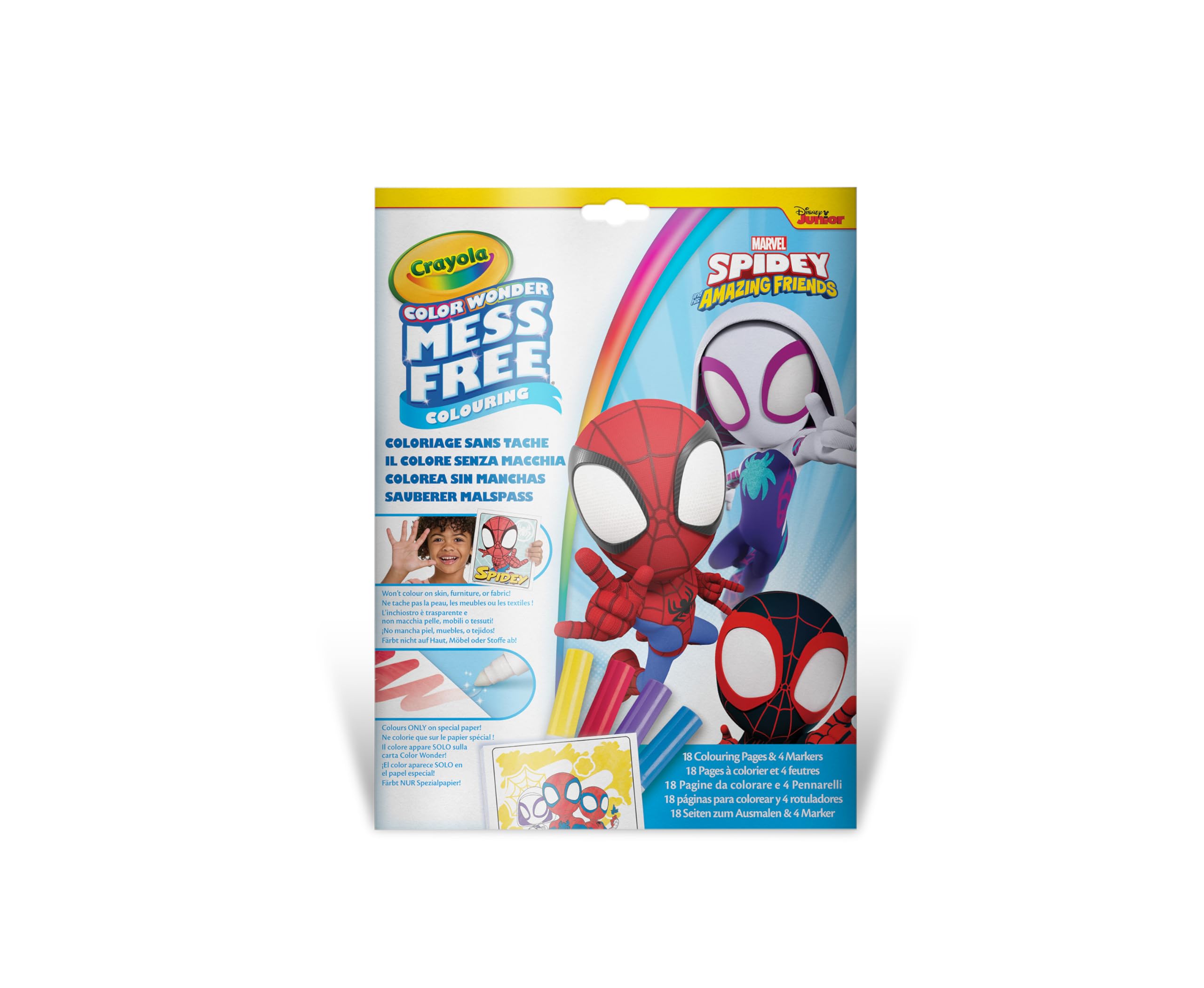 CRAYOLA - Color Wonder, Coloring Set Spidey con 18 Pagine da colorare e 4 Pennarelli Senza Macchia, Attività Creativa per Bambini, età 3,4,5 Anni, 75-4611