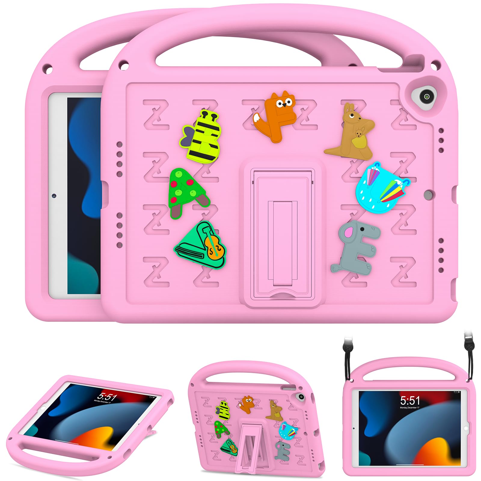 AGROMI Kids Case for iPad 9th/8th/7th Generation 10.2 Inch 2021/2020/2019, with Built-in Anti-Slip Handle/Foldable Stand/Shoulder Strap, Shockproof