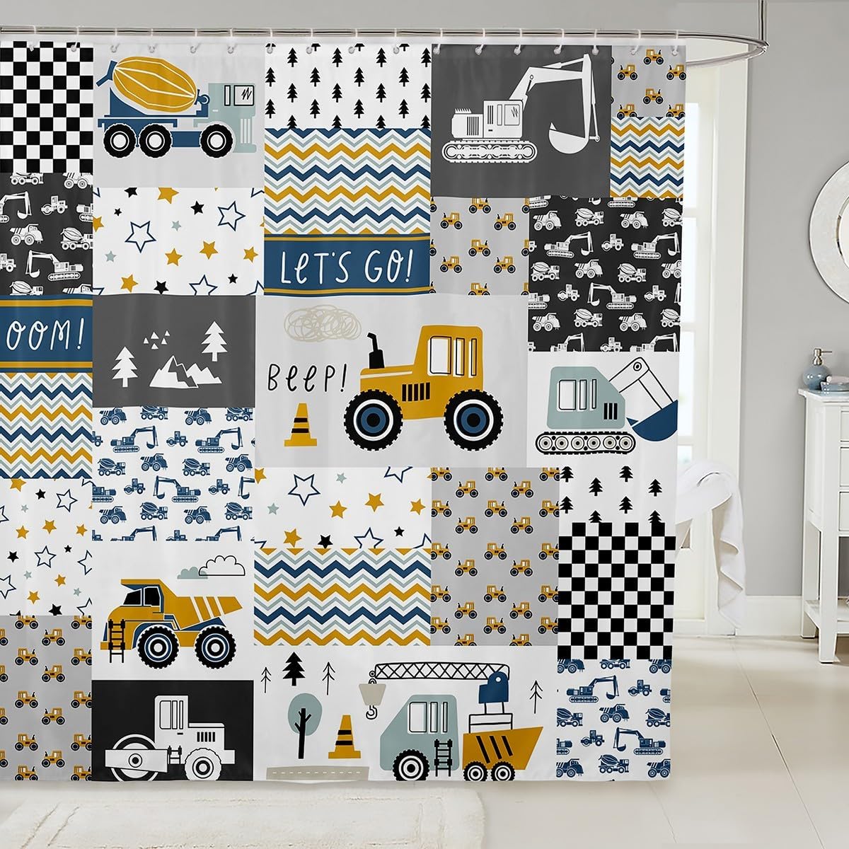 Manfei Cartoon Cars Kids Shower Curtains,Construction Vehicle Trucks Tractor Bathroom Curtains for Boys,Geometric Plaids Excavator Star Stripe Chic Waterproof Curtains,12 Hooks Suits,72" W x 84" L