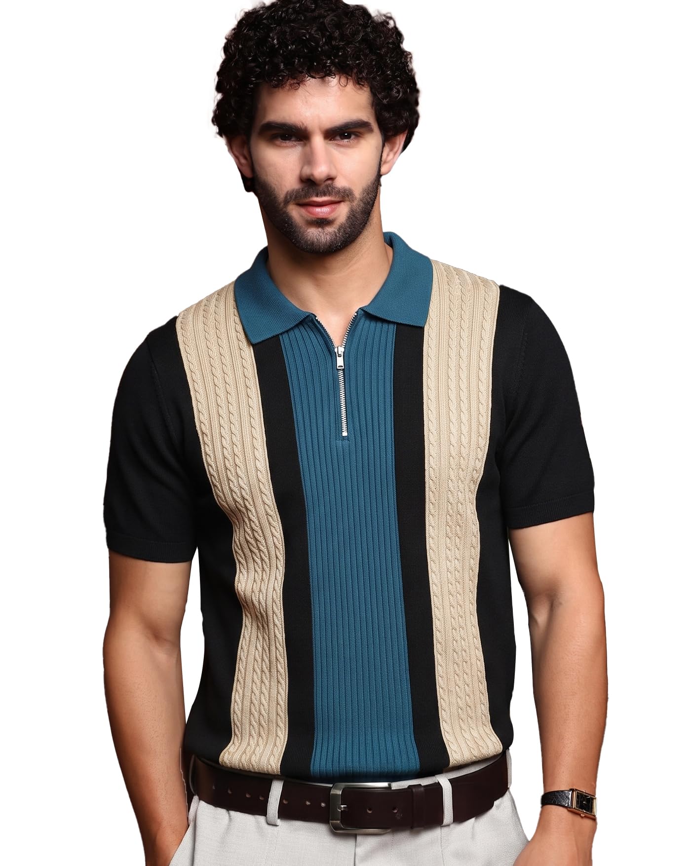 Men's Solid Polo Neck Cotton Blend T-Shirt, Knit Regular fit T-Shirt for Men, Texture Polo Half Sleeves Tshirts-picture-12