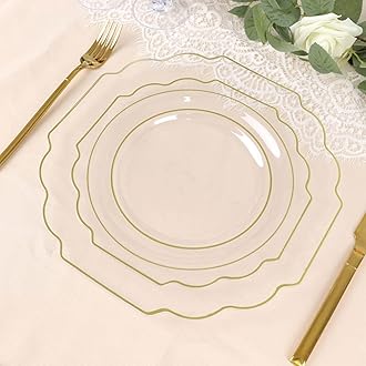 Efavormart 10 Pack | 8" Clear Hard Plastic Dessert Appetizer Plates, Disposable Tableware, Baroque Heavy Duty Salad Plates With Gold Rim