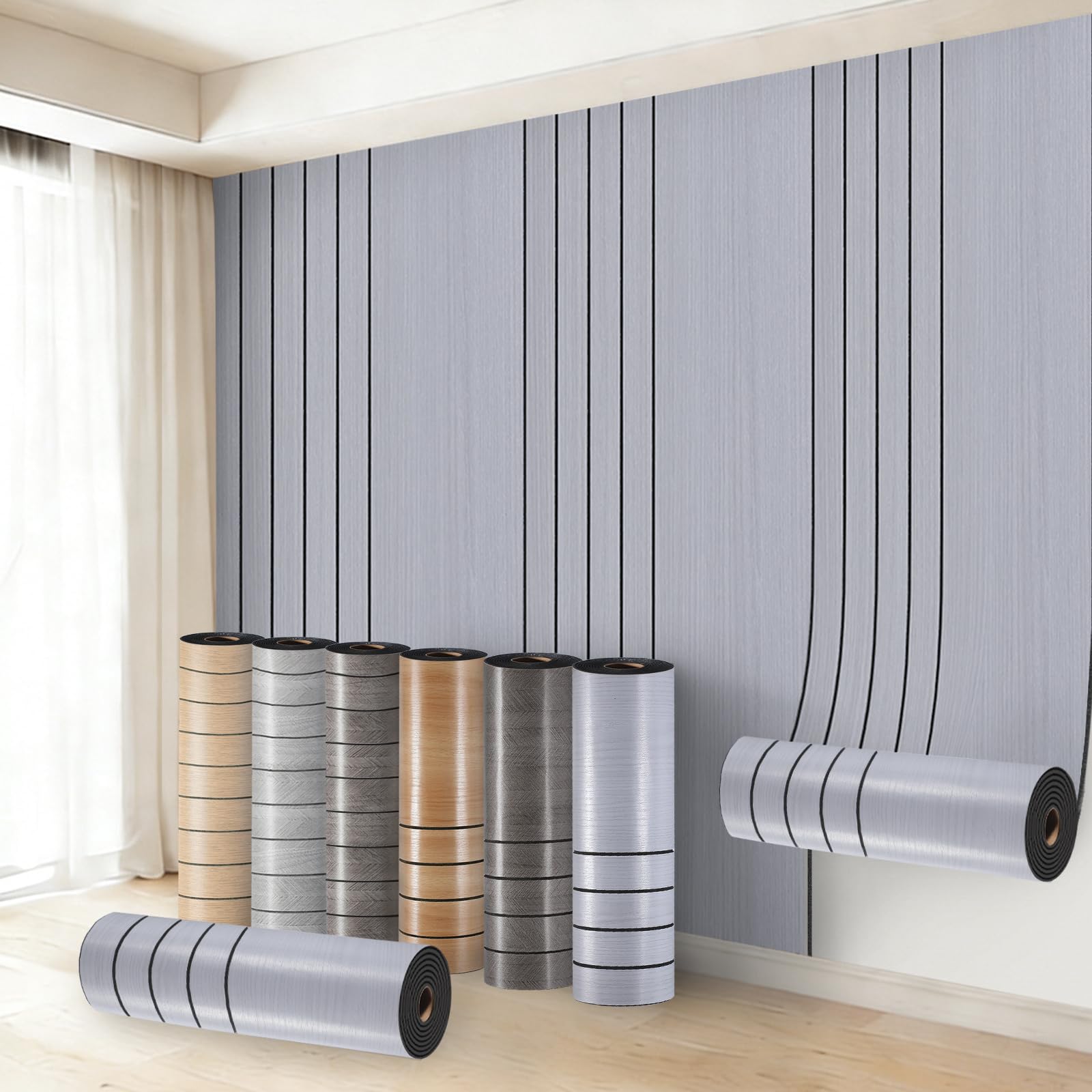 2Roll Light Grey Peel and Stick Wallpaper Wood Slat Textured Self Adhesive Wallpaper 3mm Thick Thermal Insulating Wall Covering Roll For Living room Bedroom Kitchen Bathroom Bad Cold Wall - Five Line