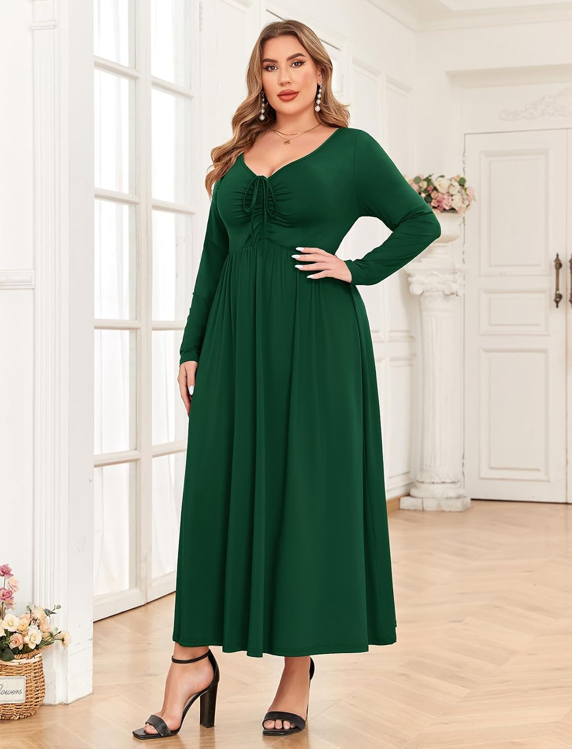 ZOMVA 2024 Winter Christmas Womens Plus Size Maxi Dress Tie Front Sweetheart Neck Long Sleeve Swing A Line Casual Dresses, Solid-Green, 2X