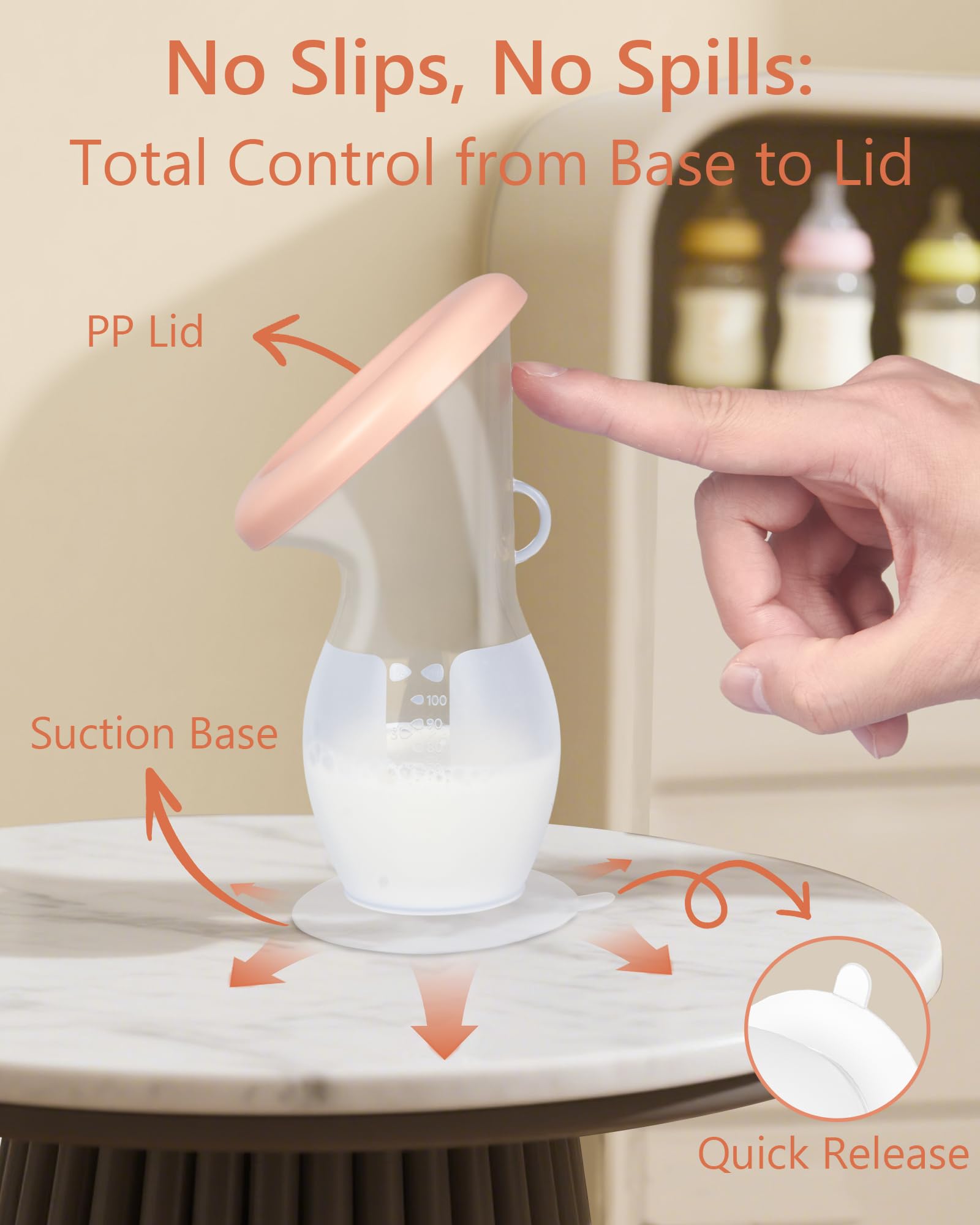HORIGEN Manuelle Milchpumpe für Muttermilch, 118 ml, BPA-frei und lebensmittelecht, tragbarer, auslaufsicherer Deckel und Saugfuß, tragbare Handpumpensammler aus Silikon, zum Abpumpen von Milch