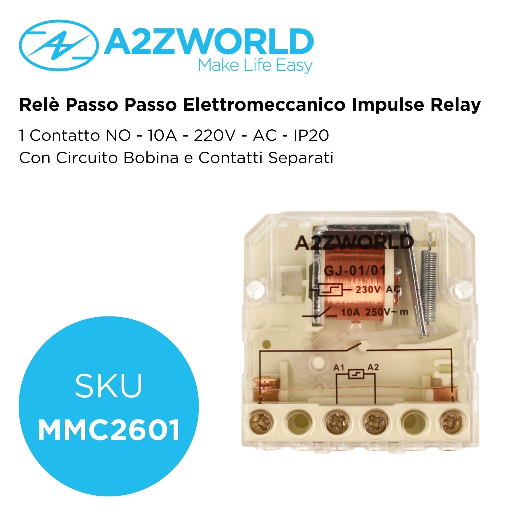 2 Pezzi Relè Passo Passo Elettromeccanico 220V 10A, Step Impulse Relay per Illuminazione, Scatolato Compatto 44X44X22mm, IP20, 1 Contatto NO, Con Circuito Bobina e Contatti Separati
