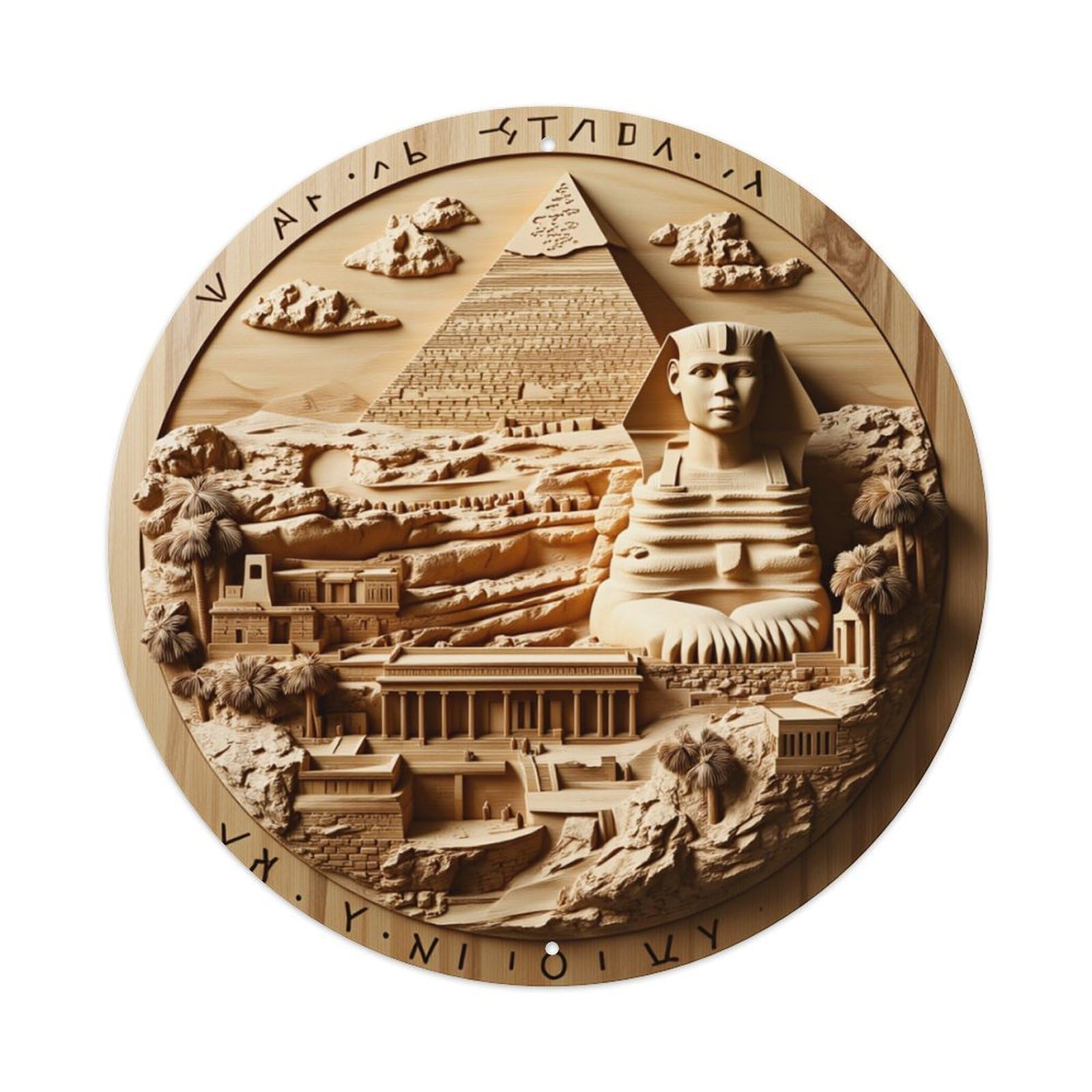 Egyptian Pyramid Sphinx Landscape Relief Round Tin Sign Retro Metal Sign for Cafe Bar Pub Home Game Room Gym Club Wall Decoration Vintage Metal Poster 8x8 Inch