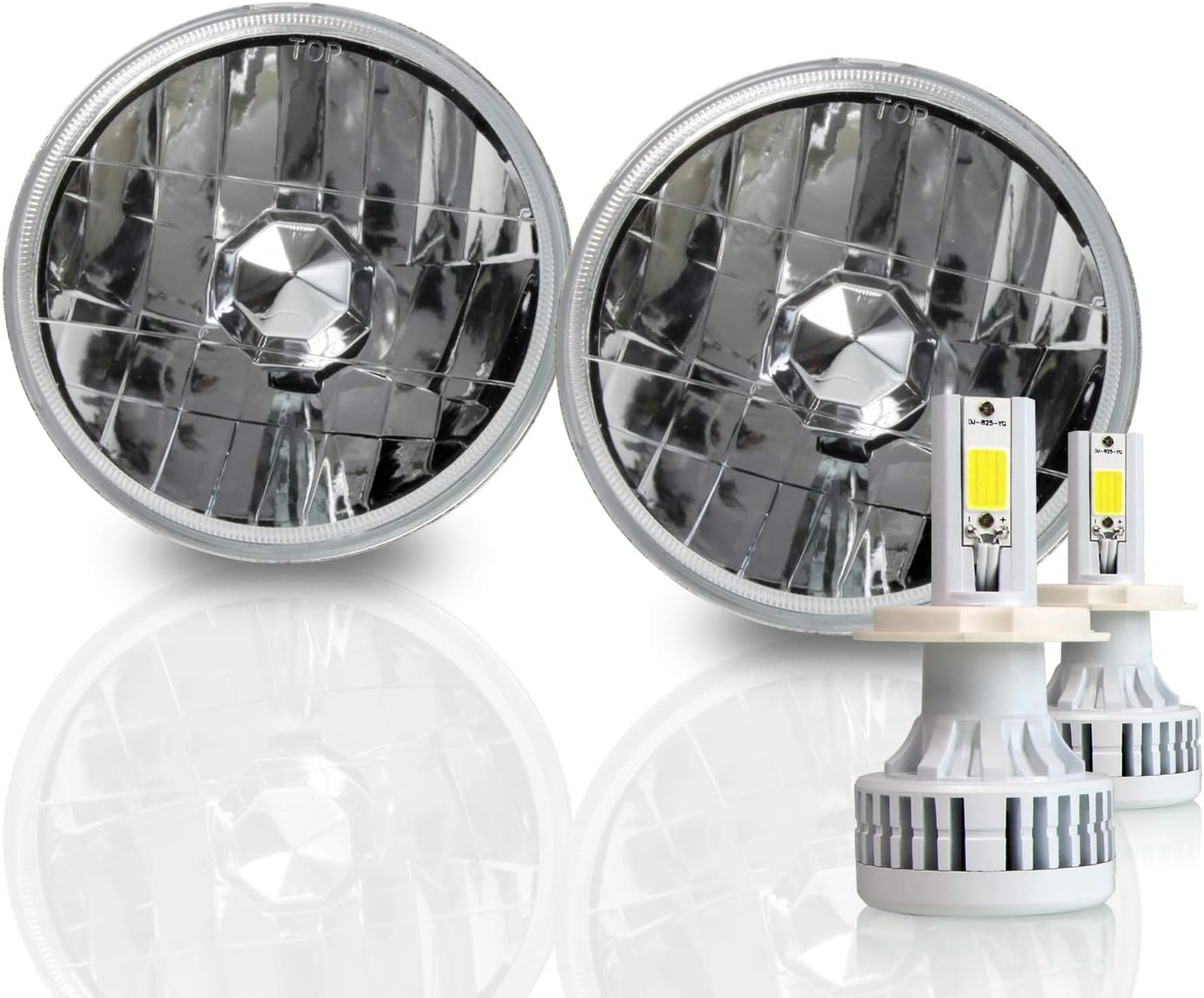 5.75 Inch Round Sealed Beam Headlight Conversion - fits H5001 H5006 - Clear Glass Diamond Cut Housing + H4 LED Kit 6000K Cool White 8000 LM