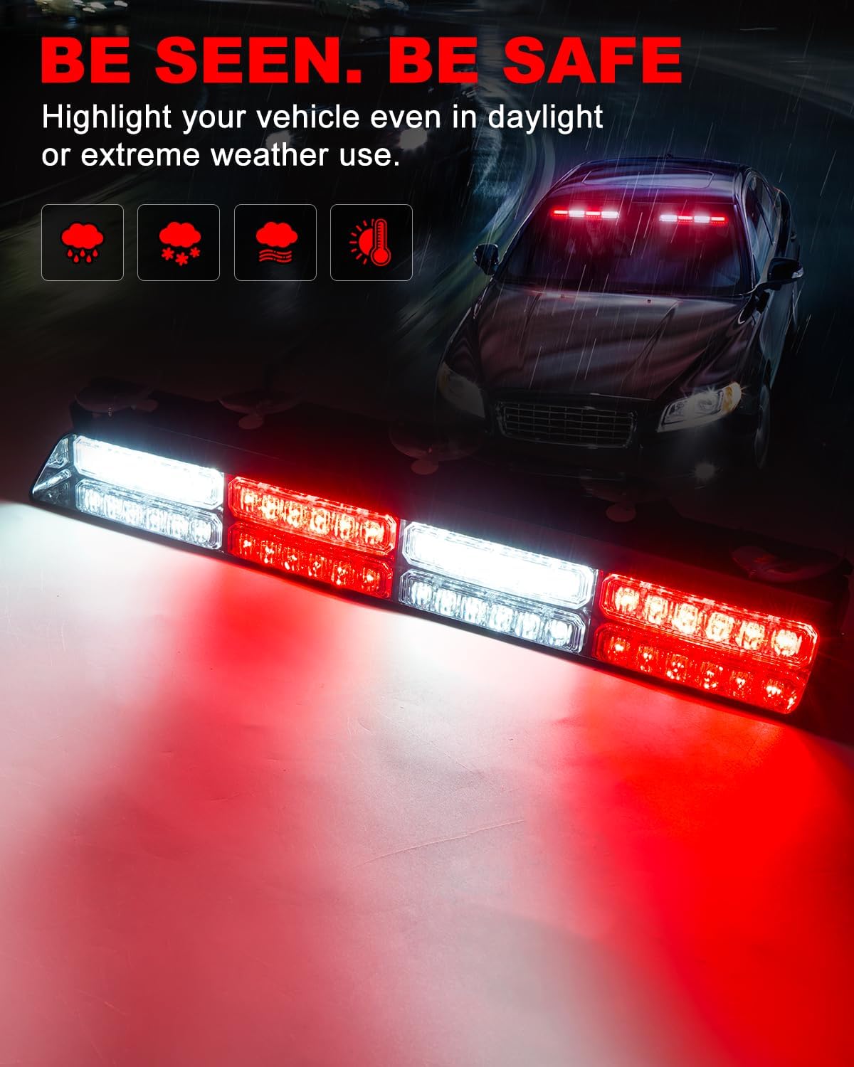 HLauto 6Z4J Emergency Dash Strobe Lights: 2x16.8 inch Red White Safety Lights, 48 LED Flashing Warning Hazard Interior Windshield Visor Traffic Light Bar for Trucks, Construction Vehicles