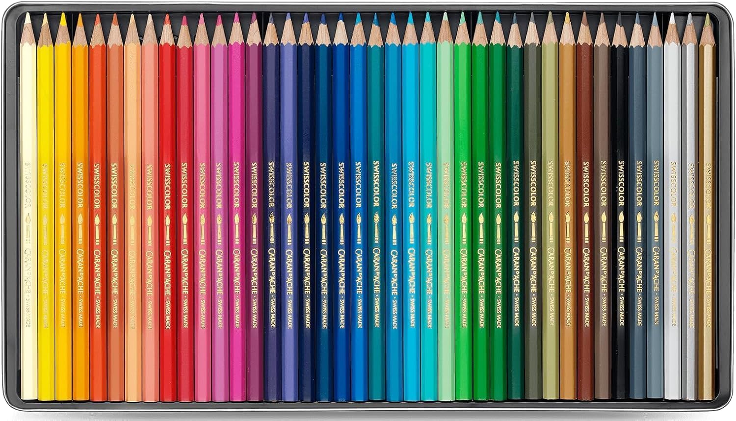 Caran D'ache Swisscolor - Matite acquerellabili in scatola di metallo, confezione da 40 pezzi e 2 carte