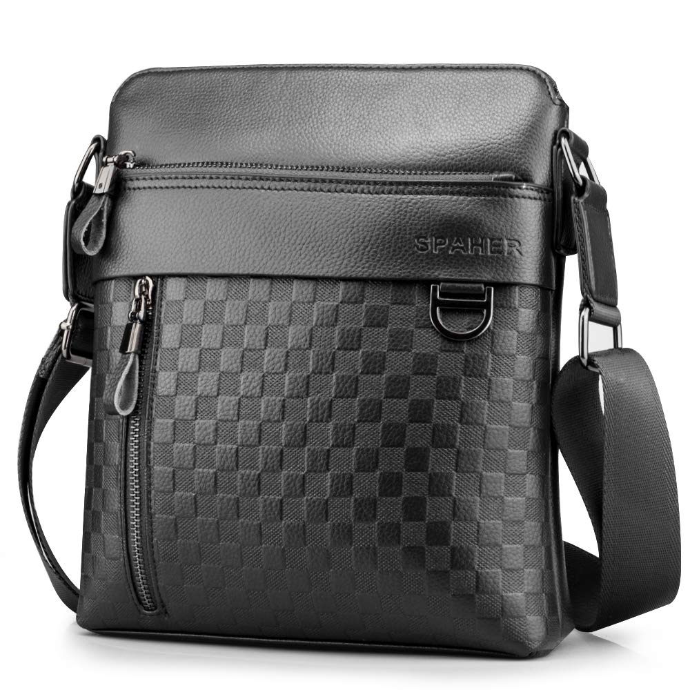 SPAHER Men's PU Leather Shoulder Bag, Vertical Messenger Bag, Crossbody Bag, Multi-functional, Waterproof, Small, Business Bag for Commuting and Travel black-B