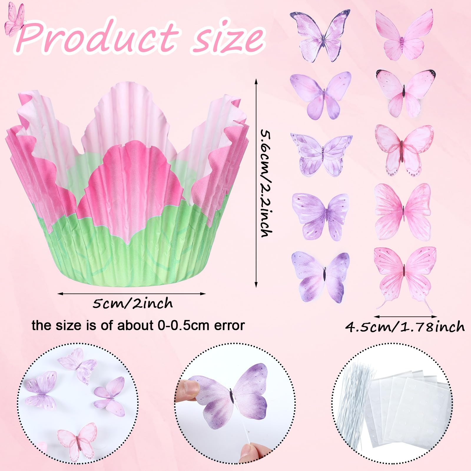 Vesici 200 Counts Floral Cupcake Set Include100 Counts Pink Petal Tulip Cupcake Liners 100 Butterflies Cake Toppers Flower Wrappers for Cake Spring Wedding Bridal Birthday Party Supplies