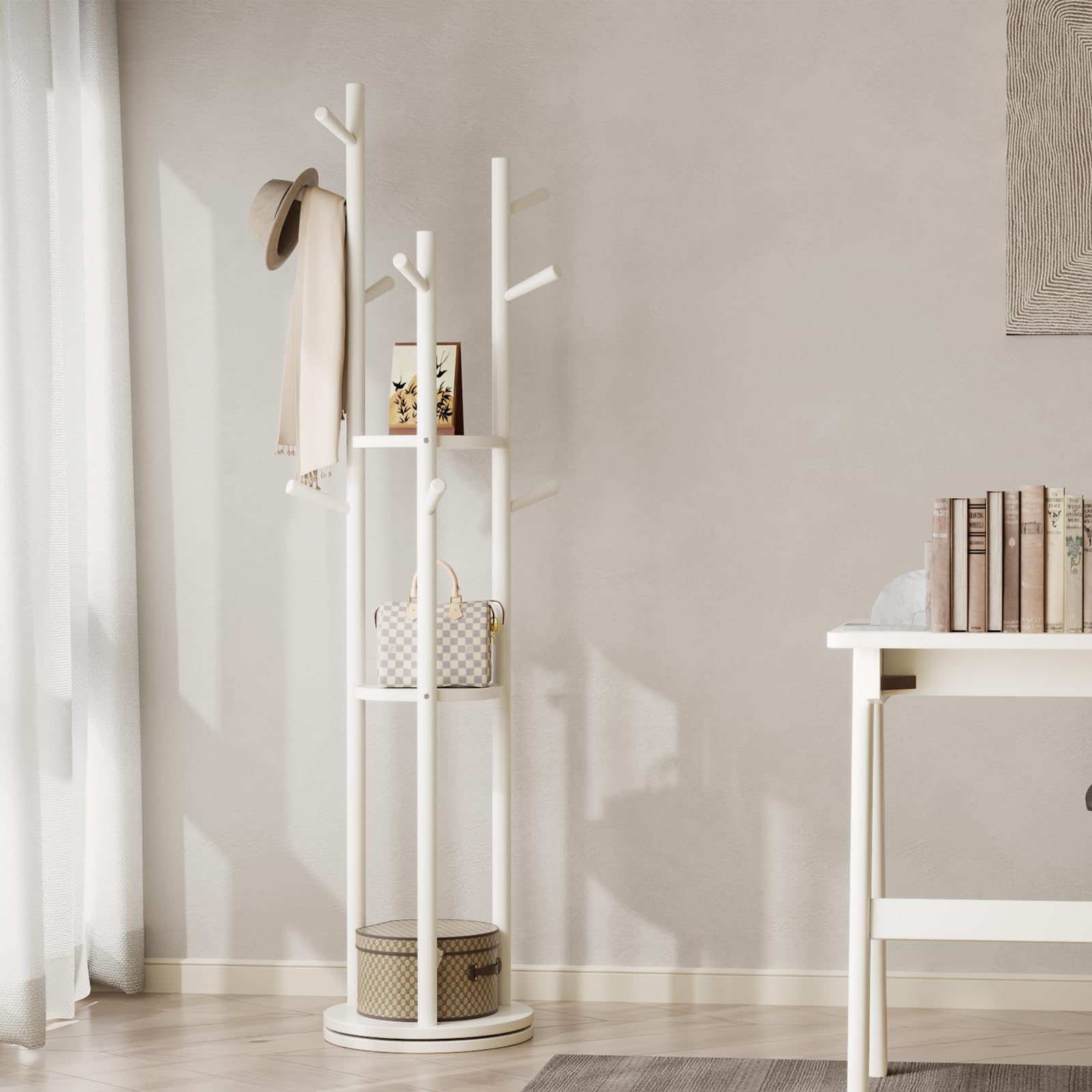 AQIMUELE Perchero, Perchero de Madera Maciza, 9 Ganchos, Colgador para Abrigos, Bolsos, Gorras, Ideal para Entrada, Pasillo, Altura de 163 cm, Blanco