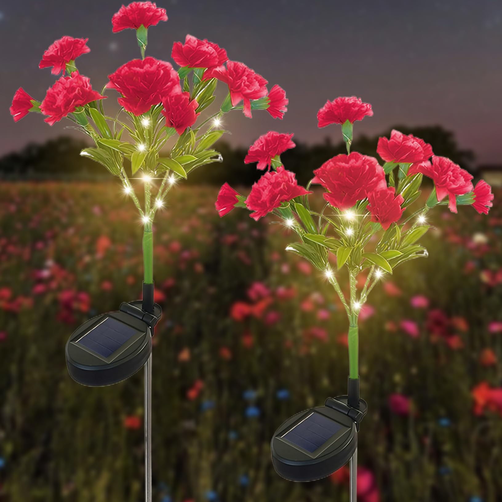 NASSMOSSE 2PCS Carnation Solar Flower Lights Outdoor, 27.2" Waterproof Solar Garden Lights, Easy to Use Solar Garden Decor for Lawn Yard Patio Red