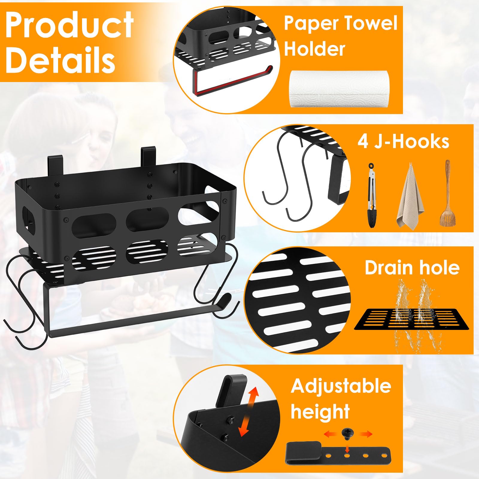 US Grill Accessories Storage Shelf Iron Grill Storage Bin Built in Paper Towel Holder BBQ Storage Box with 4 J Shape Hooks Convenient to Use Install Grill Storage Suitable for Traeger(1,black)