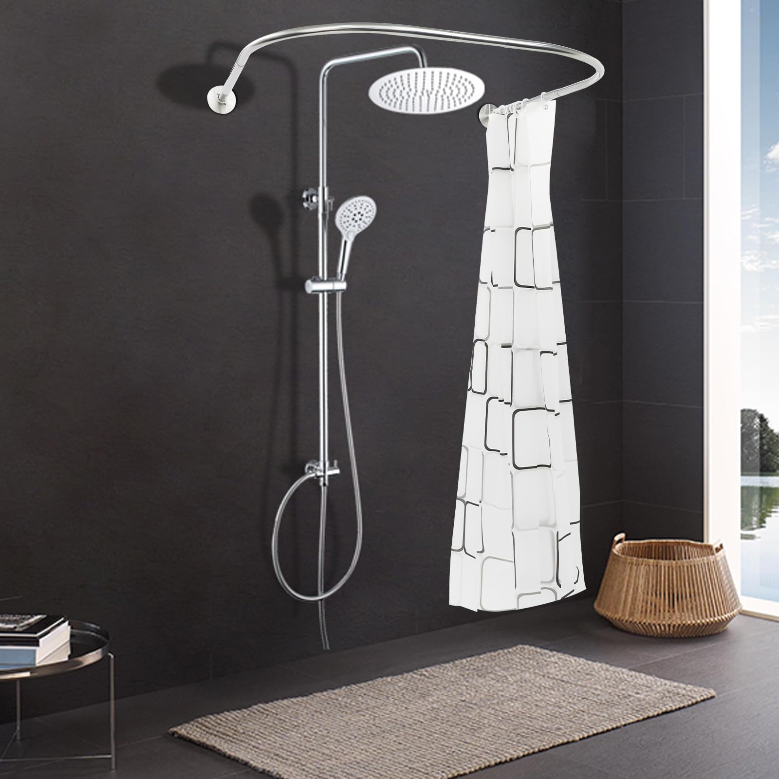 Asta per tenda da doccia a forma di U, pieghevole, telescopica, angolo a U, regolabile, asta per tenda da doccia, per bagno, bagno, finestra, balcone