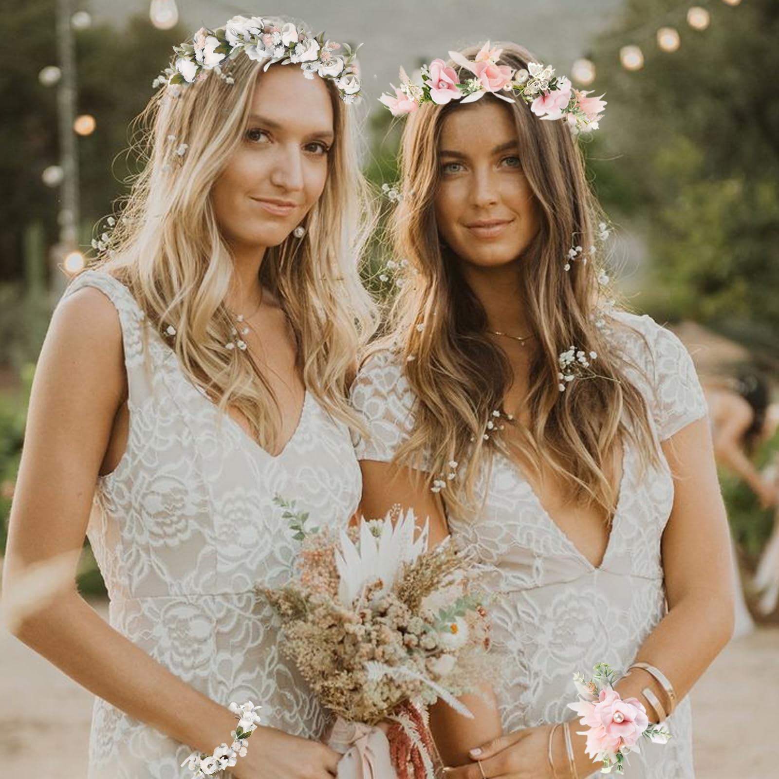 Lot de 2 Couronnes de Fleurs Bandeau, Rose Accessoires de Cheveux avec Bracelet pour Mariage, Festival, Fête, Plage (Rose et Blanc)