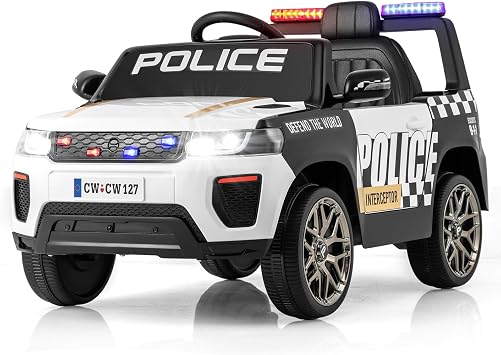 COSTWAY Voiture de Police Électrique 12V avec Gyrophares et Sirène