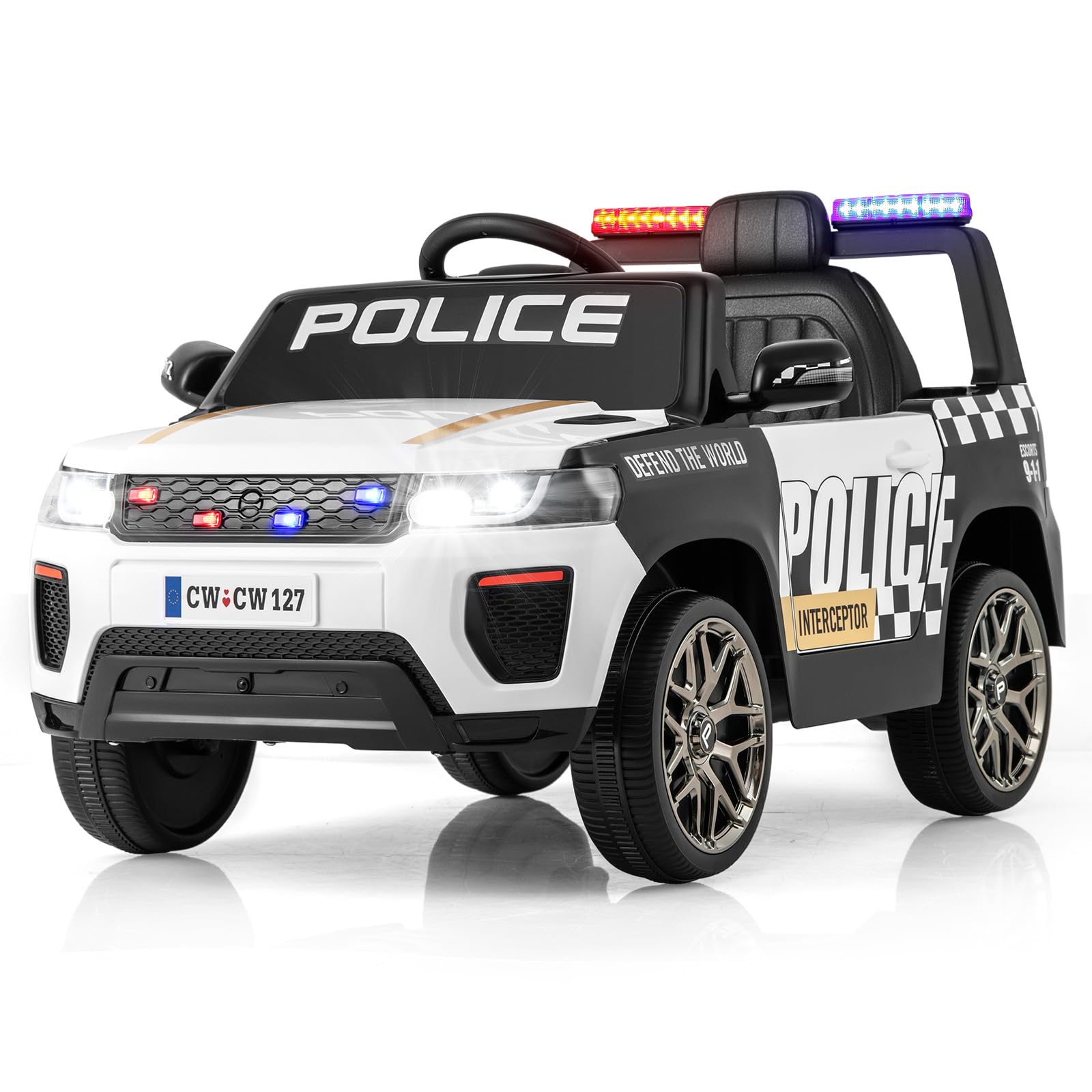 COSTWAY 12V Voiture Électrique Enfant en Forme Police avec Télécommande 2,4G, Véhicule Électrique Enfant 4x4 avec Musique & Lumières LED Clignotantes, 3 Vitesses, Charge 30kg pour 3-8 Ans (Blanc)