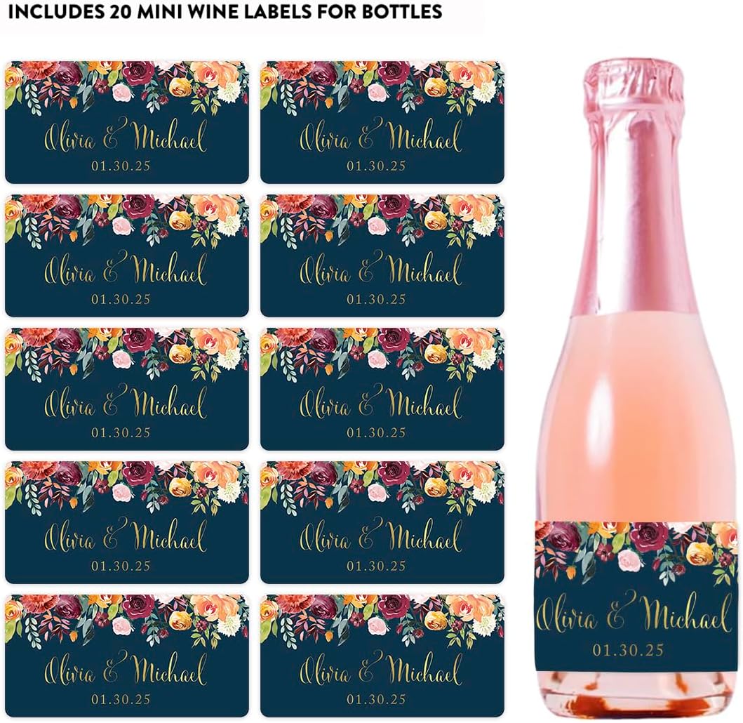 Andaz Press Personalized Wedding Mini Wine Labels for Bottles, Fall Autumn Navy Blue Floral Roses 20-Pack Bulk Waterproof Mini Wine Bottle Labels for Champagne Bottle Custom Mini Champagne Bottles