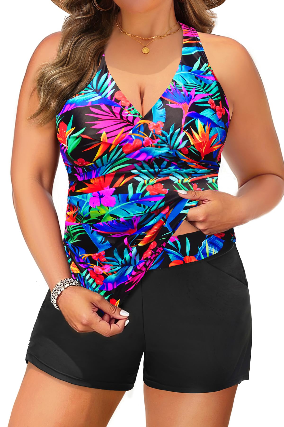 Photo 1 of ***SHORTS ARE MISSING***Daci Plus Size Tankini Swimsuit for Women - Two Piece Tummy Control Bathing Suit Tankini Top with Two Pockets Shorts Colorful Leaves 22 Plus***SHORTS ARE MISSING***