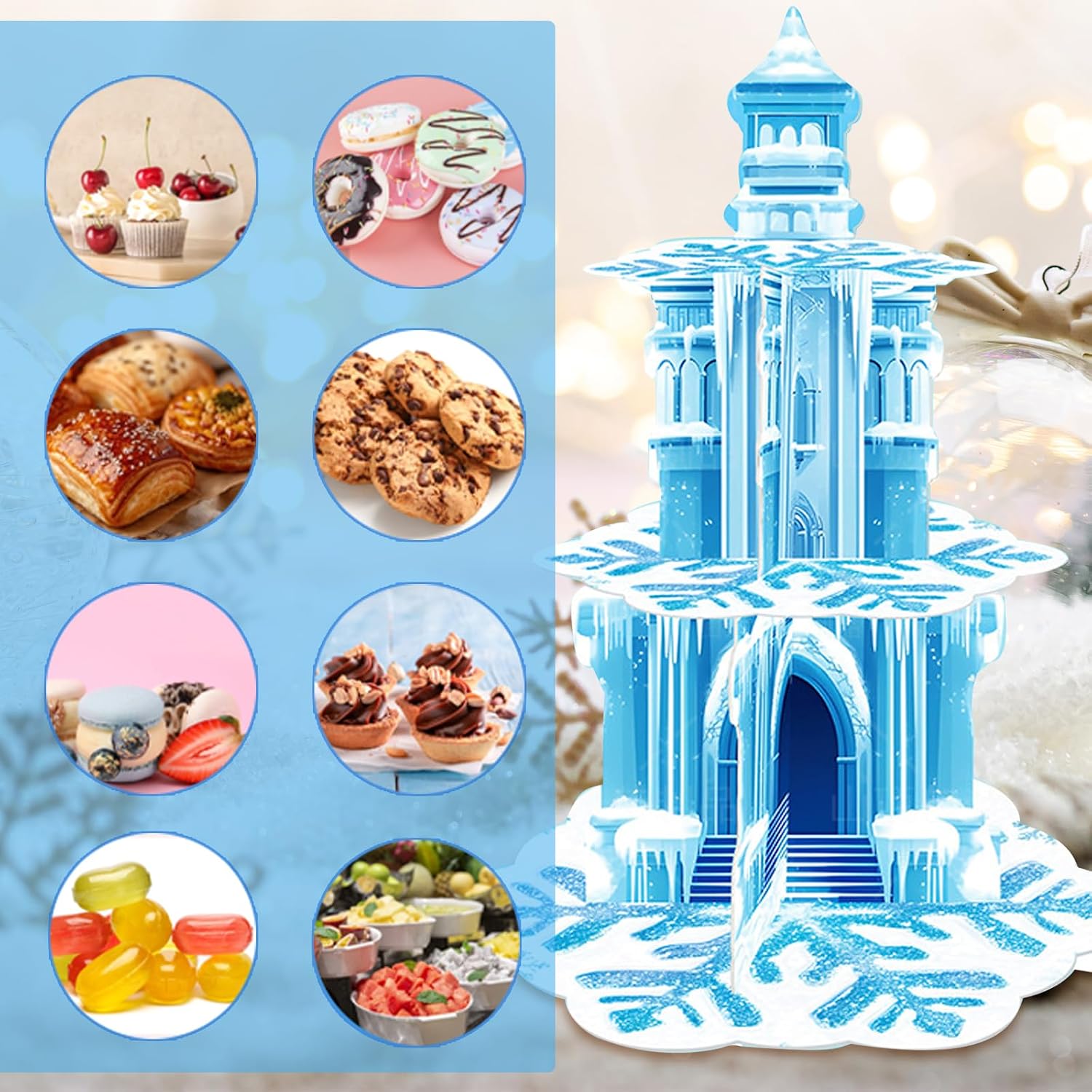 Frozen Birthday Party Decorations, 3-Tier Frozen Cupcake Stand with Snowflakes and Ice Castle Design for Winter Wonderland Theme, Baby Shower and Kids Frozen Party (Blue Snowflake)