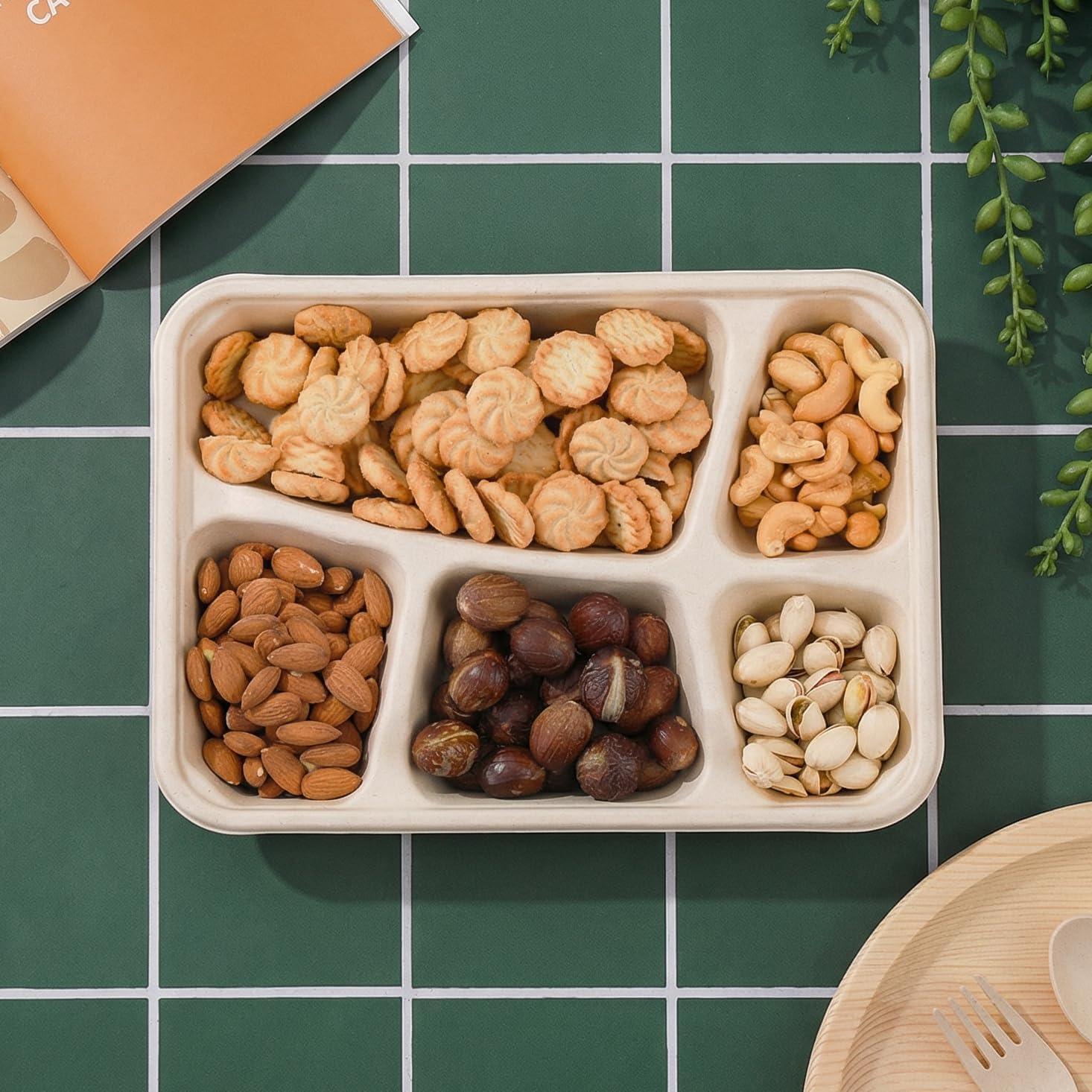 Elsjoy 50 Pack 5-Compartment Disposable Plates, 11" x 8" Compostable School Lunch Tray Divided Paper Plates, Heavy-Duty Sectional Paper Plate for Party, Picnic - Image 7