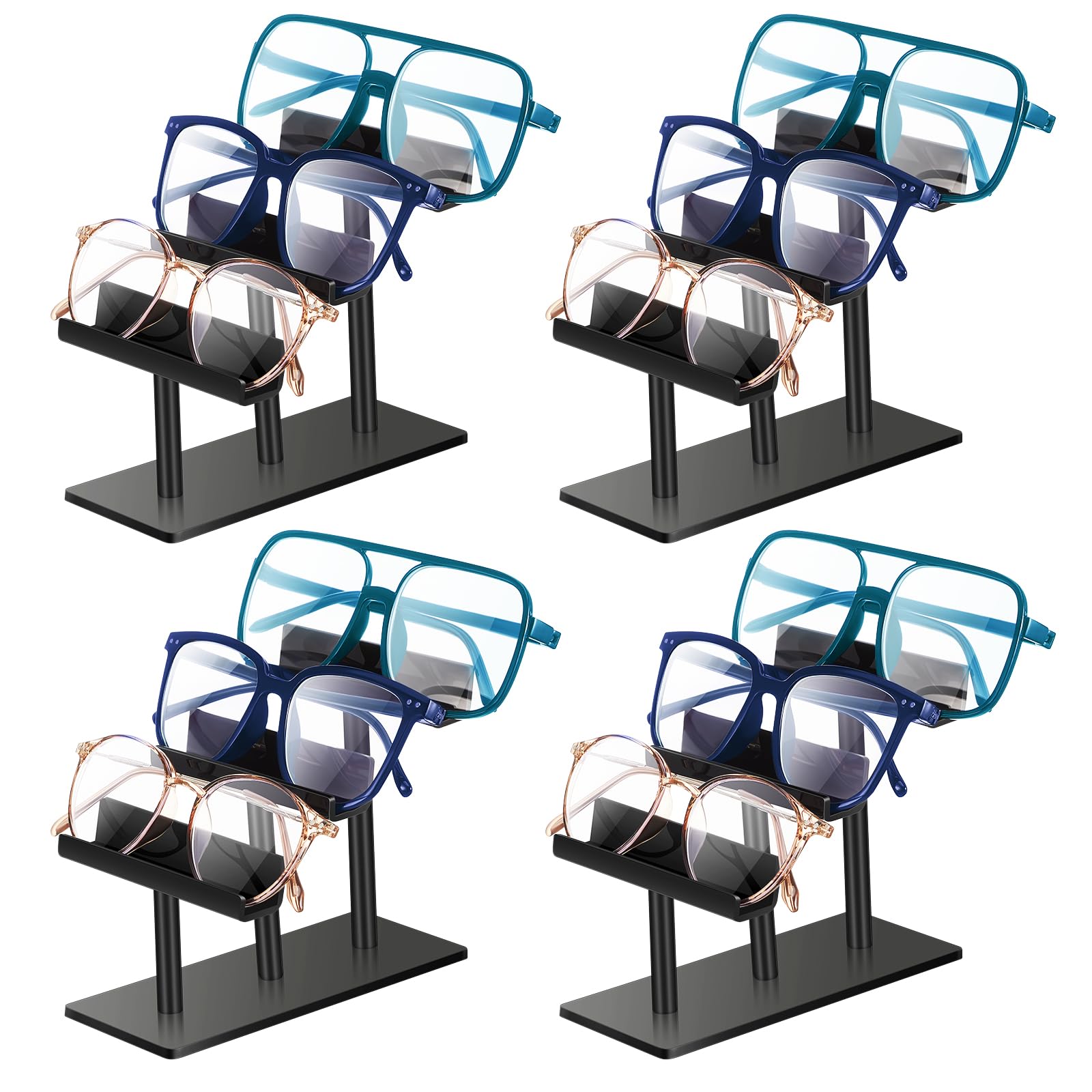 Sintuff 4 Pcs 3 Tier Sunglasses Display Stand, Black Acrylic Holder