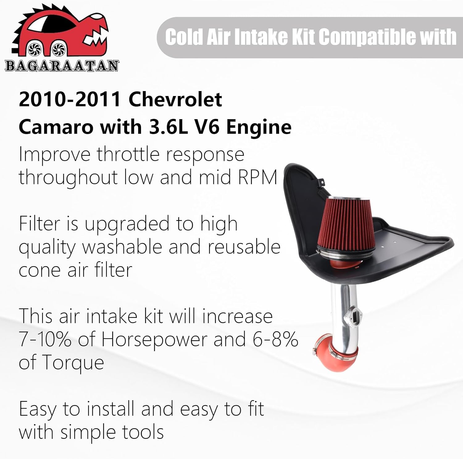 Cold Air Intake Compatible with 2010-2011 Chevrolet Camaro with 3.6L V6 engine Performance Air Intake System with Black Heat Shield, Red Filter