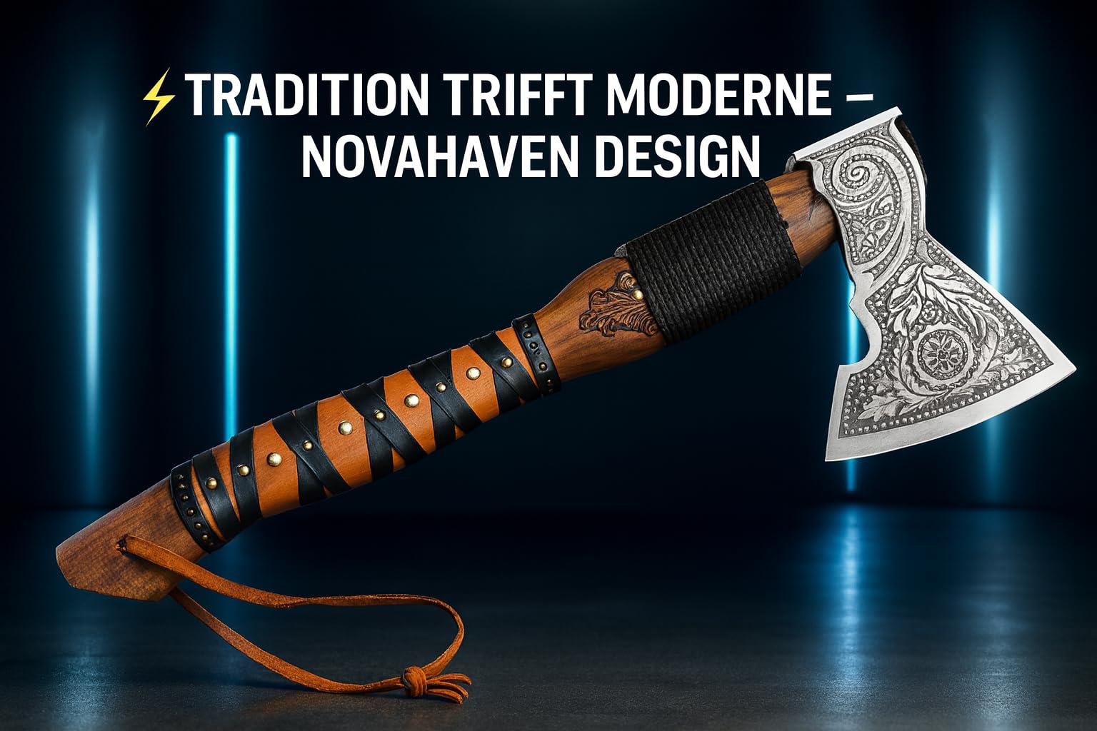 Novahaven Falkir – Hacha de lujo forjada a mano al aire libre de acero inoxidable con grabado, mango de palo de rosa y funda de cuero – Hacha de camping estilo vikingo, hacha de bushcraft, idea de