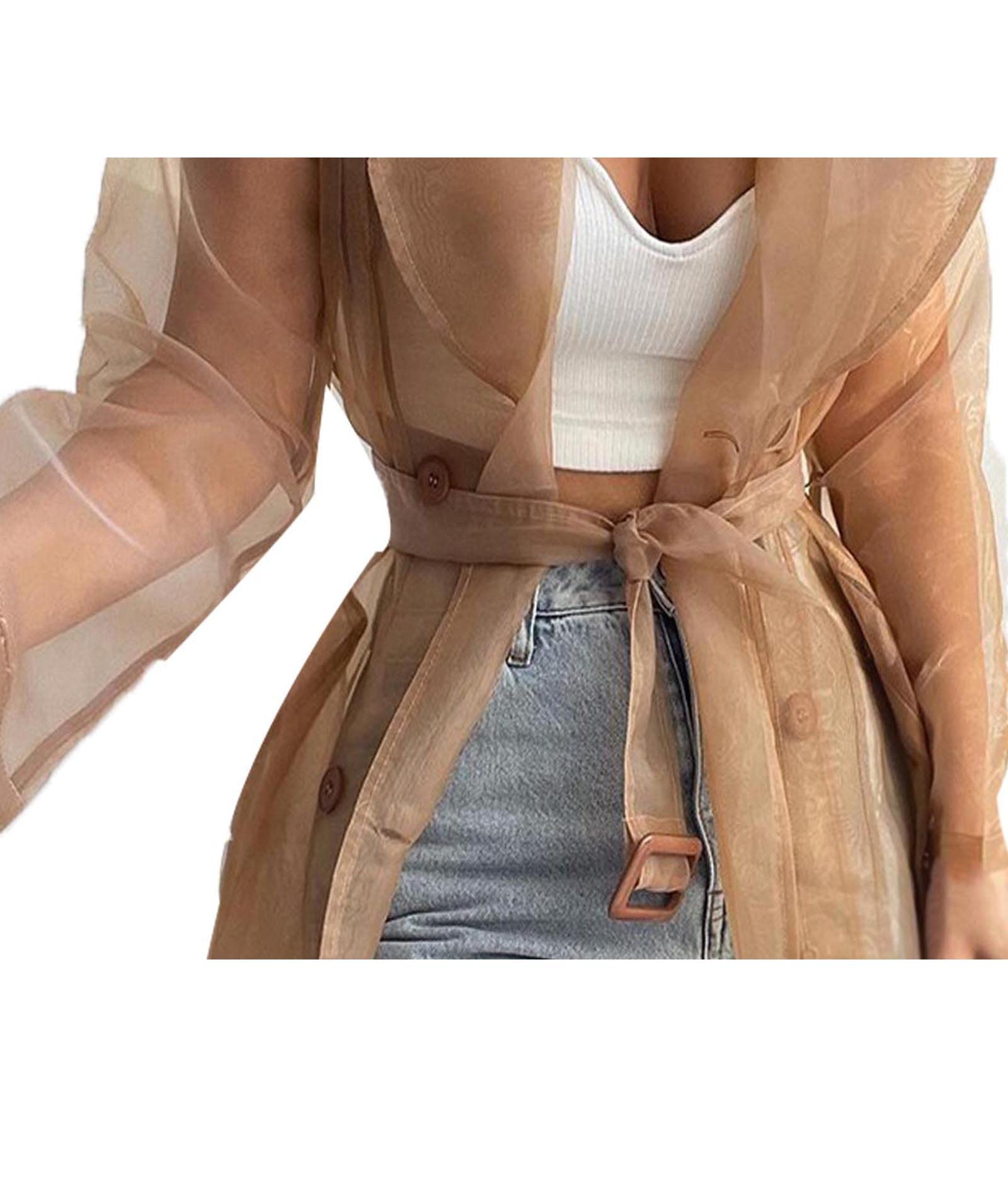 SOMTHRON Giacca estiva da donna a maniche lunghe in rete trasparente, con cintura, con bottoni, leggero