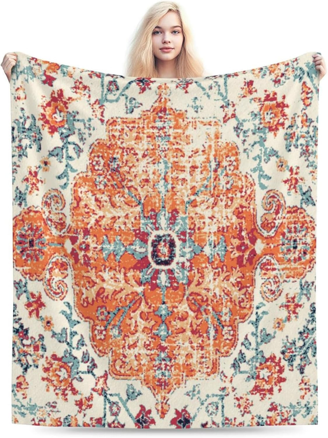 HGOD DESIGNS Carpet Pattern Throw Blanket Boho Style Ethnic Design Orange Blue Soft Blankets and Throws 40x50 Inch Caring for Women Men (100x130cm) - Image 6