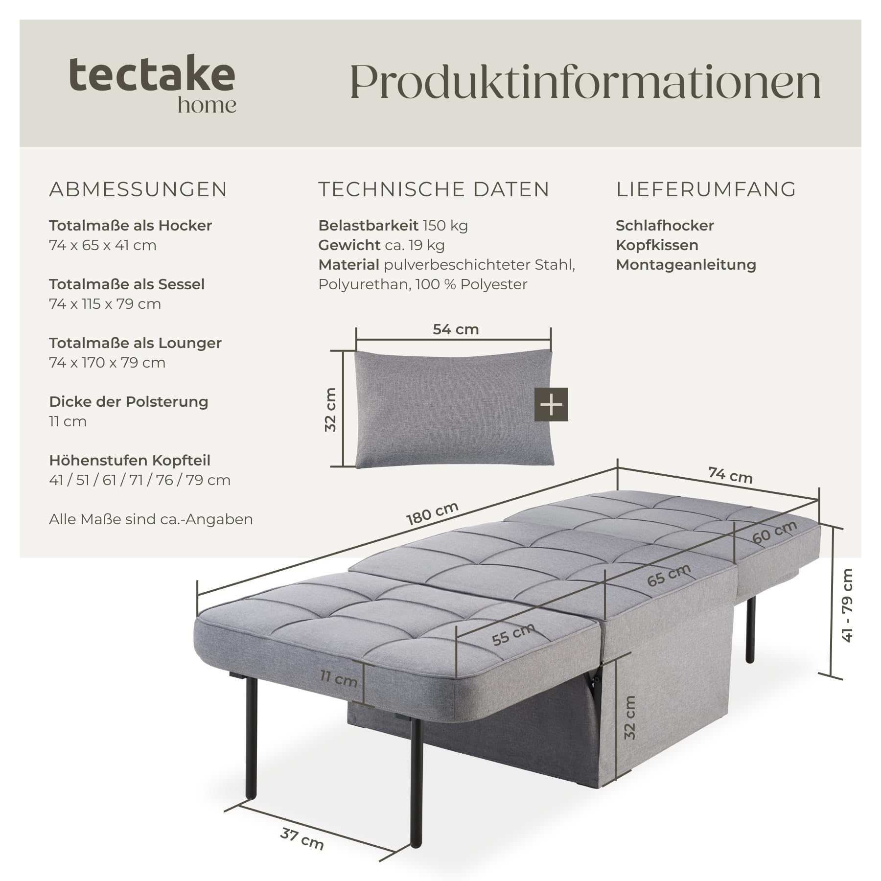 tectake® 4 in 1 gemütlicher Hocker mit Schlaffunktion, Sofa, Sessel oder Lounger, 6-Fach klappbar, als Couch, modulares Schlafsofa oder Lesesessel, für Schlafzimmer, Jugendzimmer, Wohnzimmer - grau
