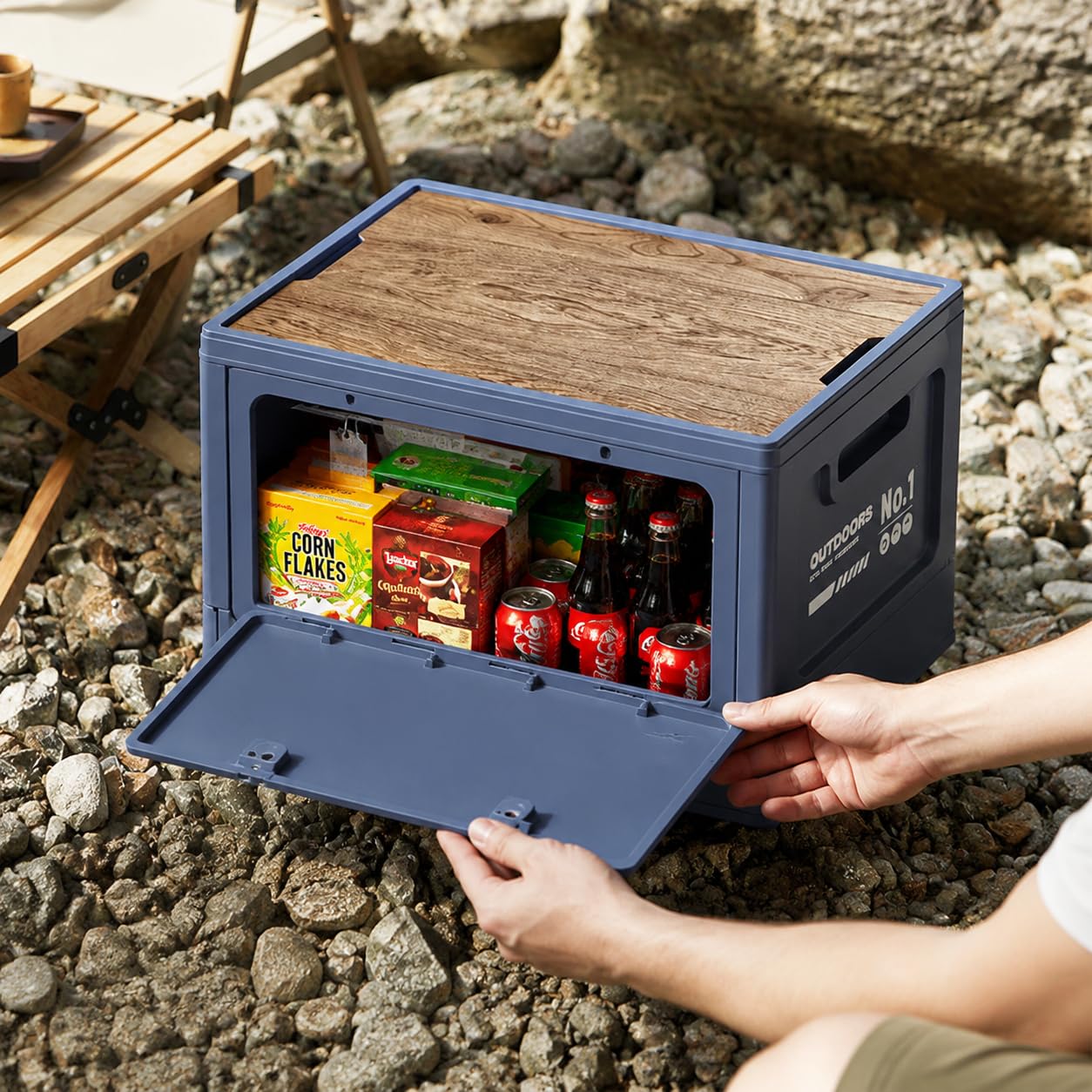 Tragbare Camping Aufbewahrungsbox mit Deckel, Koffraum Organiz für Camping Zubehör, für Gepäck, Meersalzblau, Breite 40cm, PP-Deckel + Holzplatte, 30L