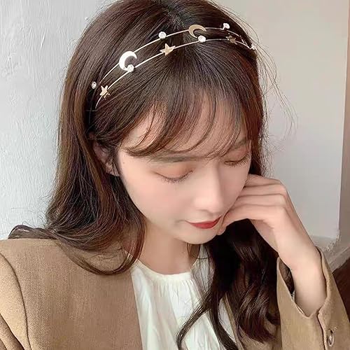 Miniatura 3 de Paquete de 2 diademas con diamantes de imitación de estrella y luna para mujeres y niñas, accesorios elásticos para peinar el cabello, bandas para