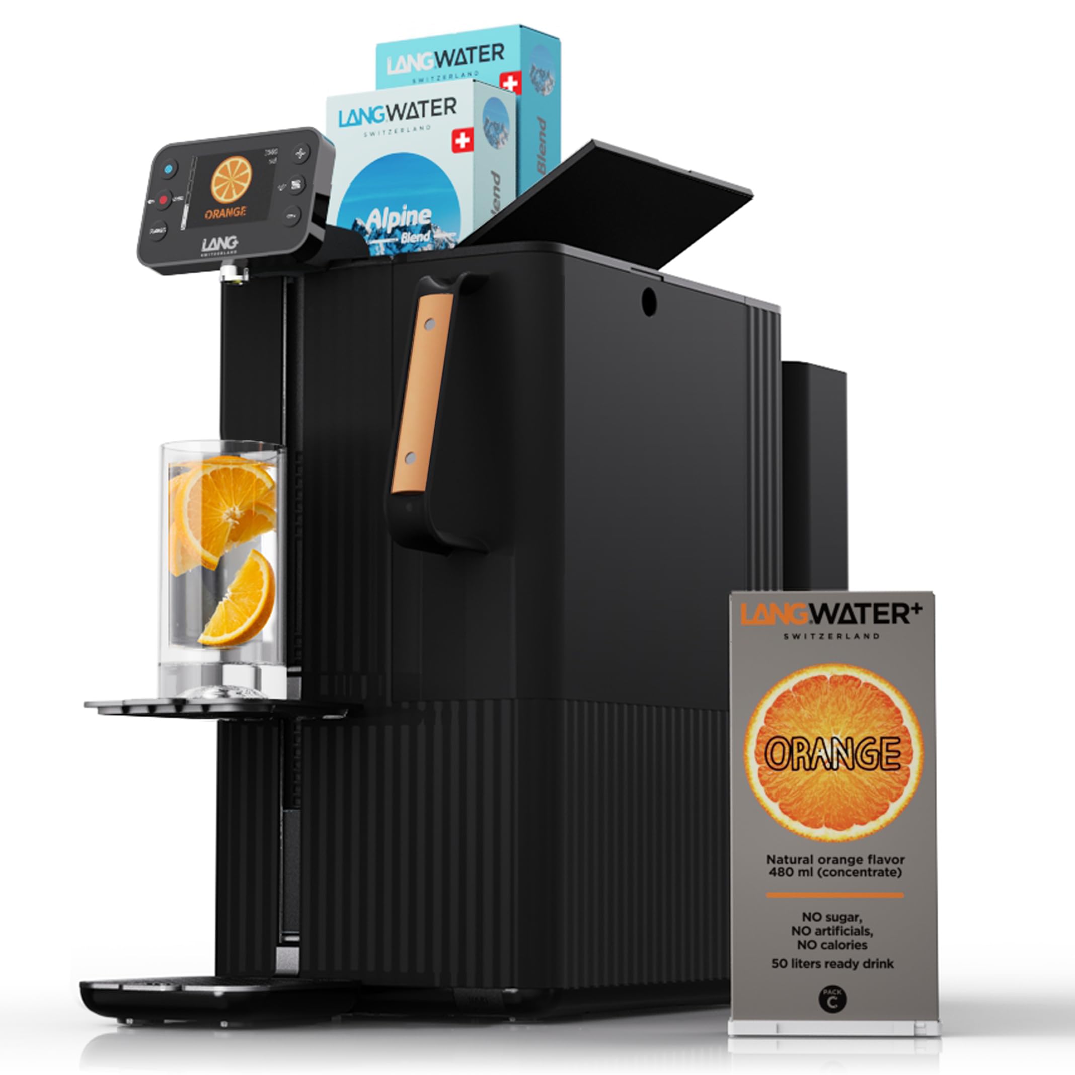 LANG Water - Purificador de agua doméstica portátil, ósmosis inversa y mineralización, sin microplásticos, sin instalación, dispensador de agua caliente, con filtros, 2 paquetes minerales, 1 naranja