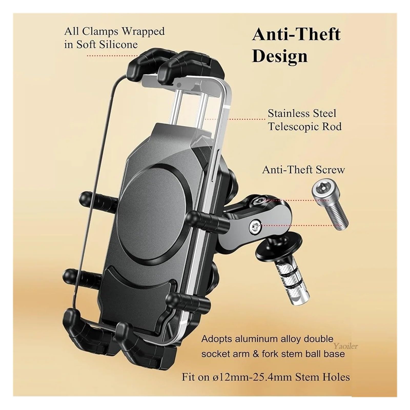 Soporte Manillar Moto Soporte para Teléfono Horquilla Motocicleta con Amortiguador Vibraciones Y Bloqueo Seguro Alta Velocidad Antirrobo Soporte Móvil Bicicleta