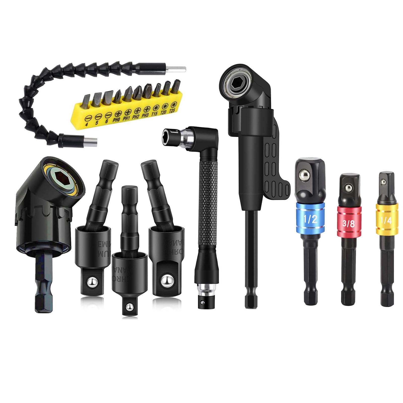 20Pcs Flexible Drill Bit Extension Set with Right Angle Adapter