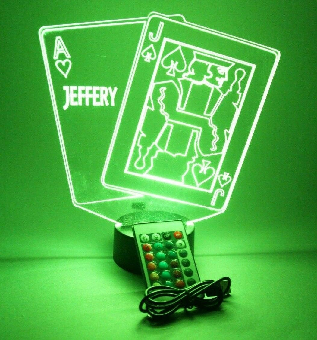 MIRROR MANIA Ace and Jack Blackjack Playing Cards Night Light Up Lamp LED Personalized Black Jack Twenty One Desk Table Lamp - It's Wow, with Remote, 16 Colors, Free Engraved, Great Gift