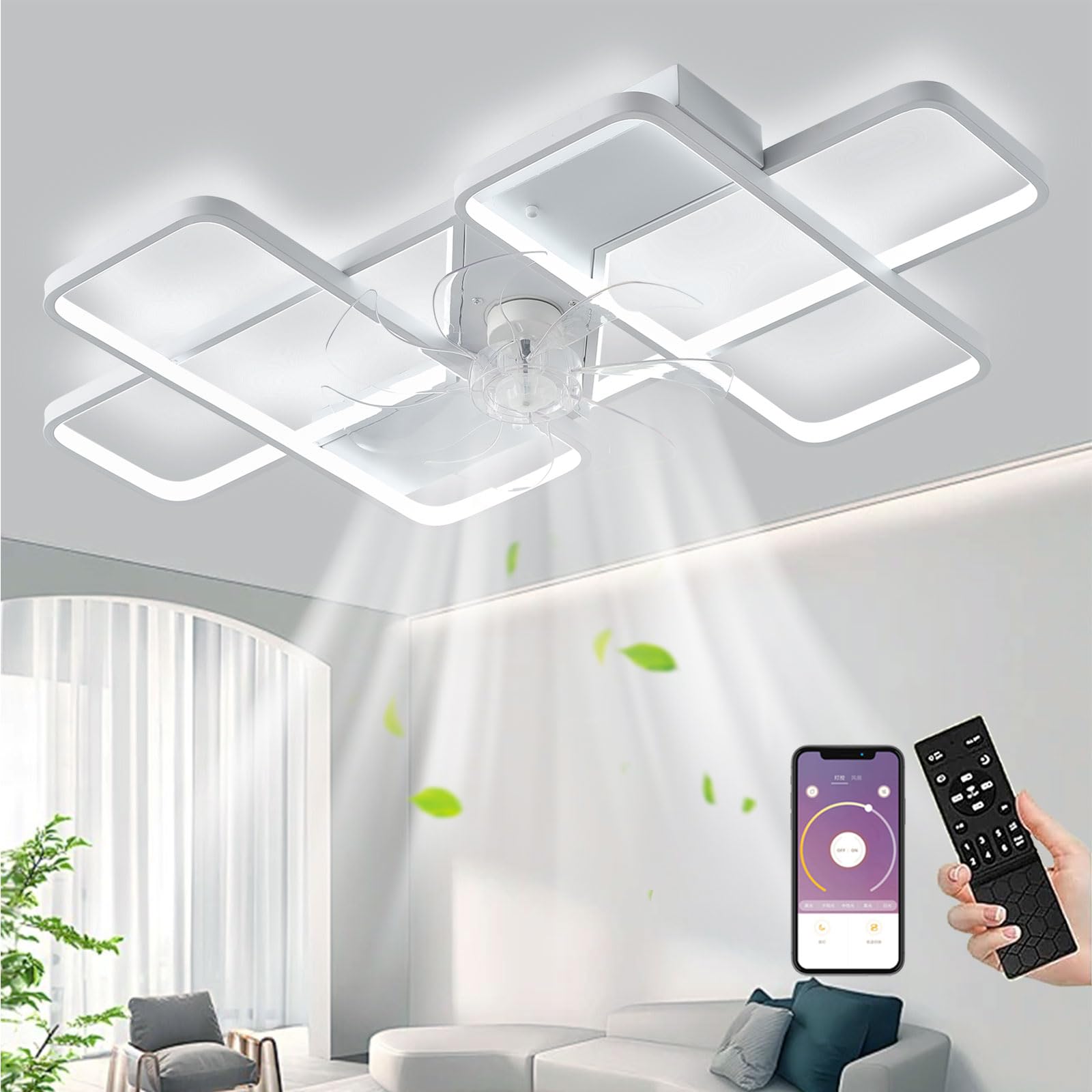 Deckenventilator mit Beleuchtung LED 85W Fernbedienung Leise Dimmbar 6 Windgeschwindigkeit 90cm Weiß