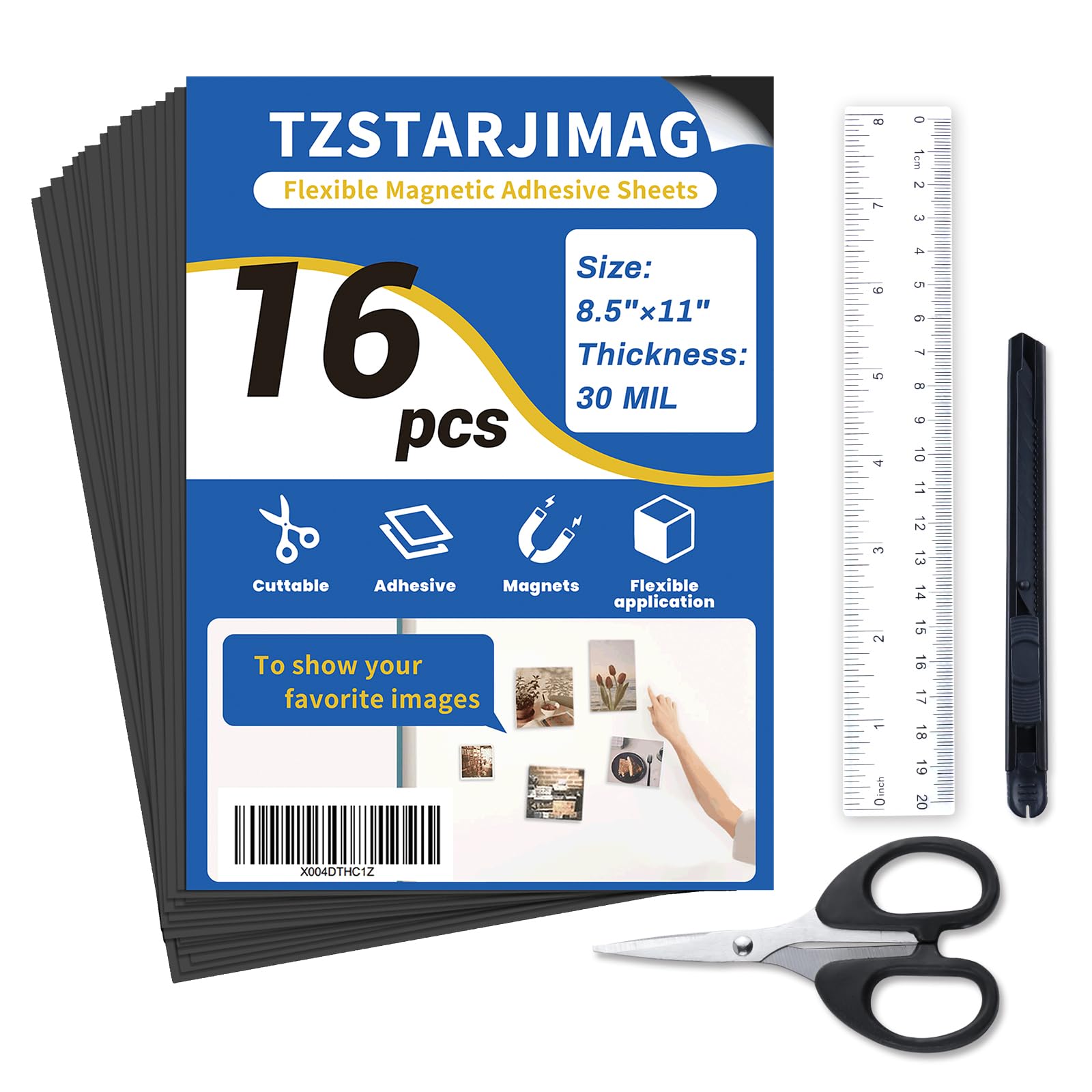 TZSTARJIMAG Magnetic Sheets with Adhesive Backing,8.5" x 11"(Pack of 16),30 mil Thick Cuttable Flexible Magnet Sheets for DIY Crafts,Photos and