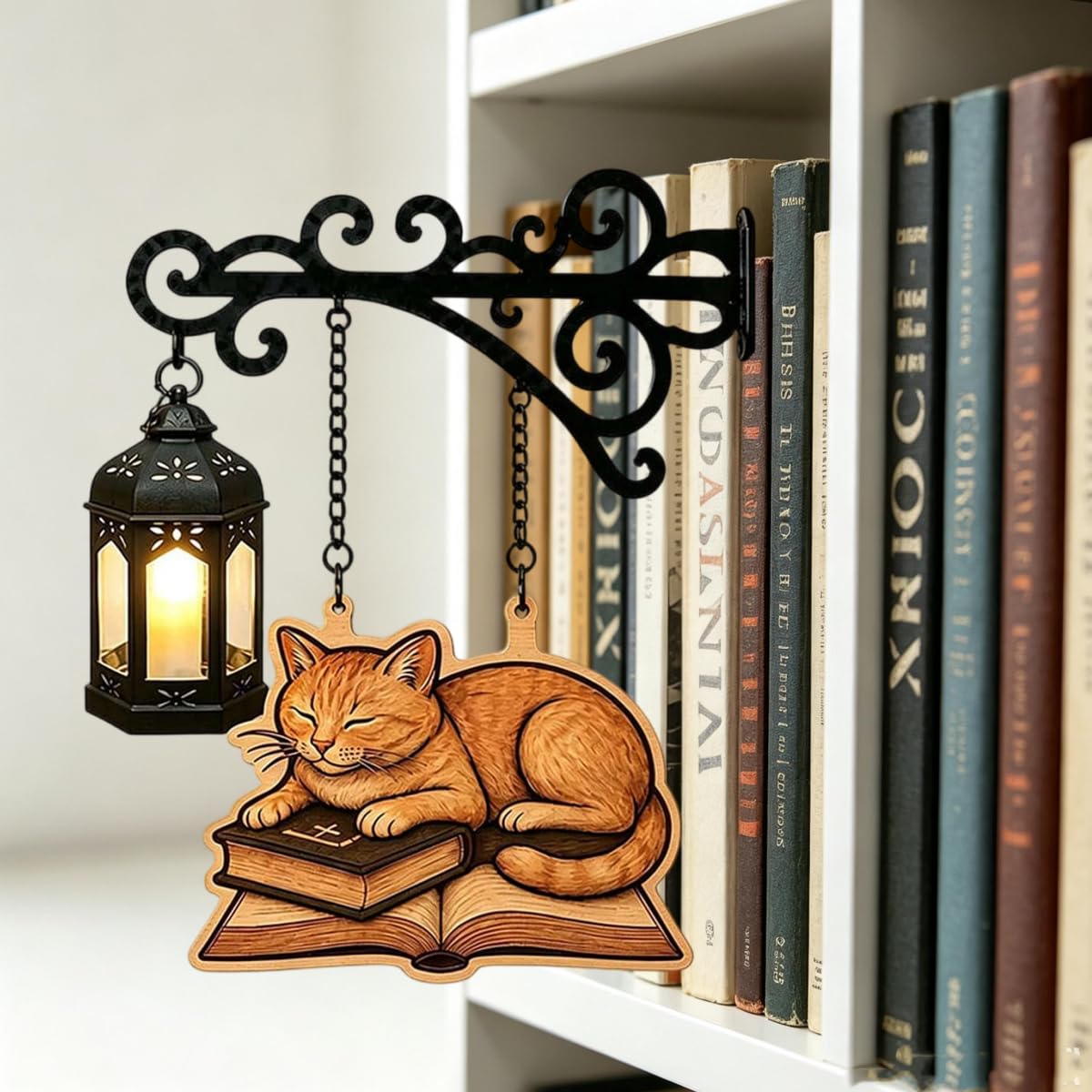 Library Lantern-Decorative Bookshelf Light, Book Tavern Signs w/Cat & Light