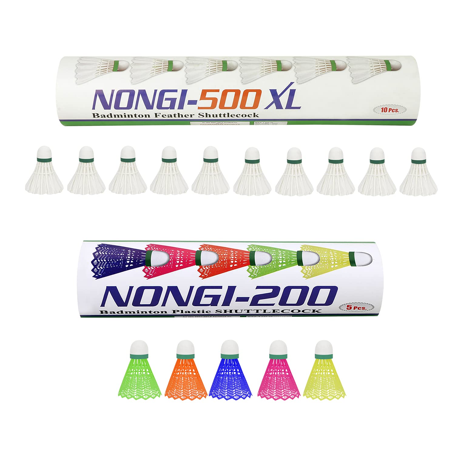 Nongi Combo Pack of 10 Shuttlecocks 500XL(10 White Feather), 200(5 Multicolor Plastic) for Outdoor Indoor Sports-picture-21