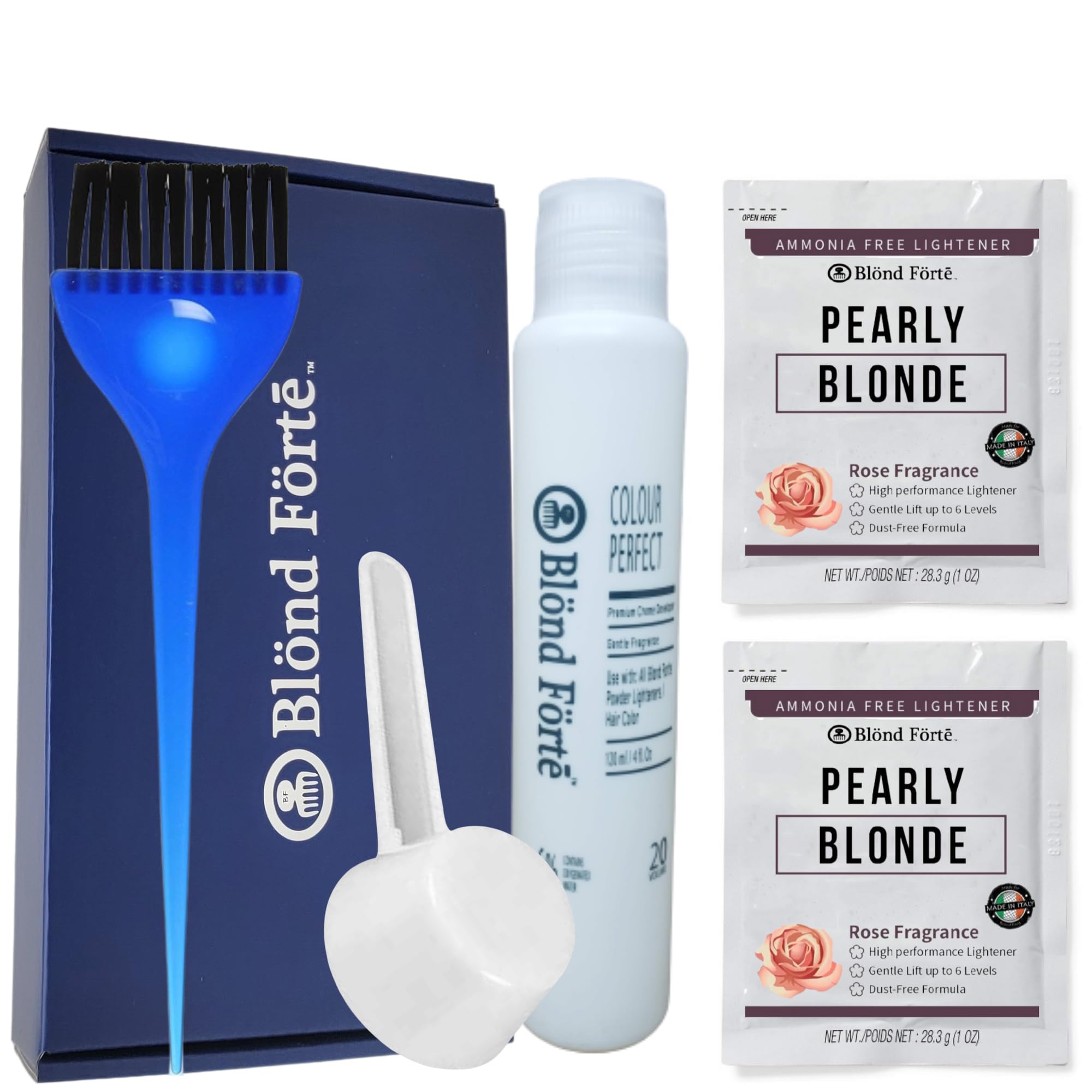 Ammonia Free Hair Lightening Kit, 2.2 oz Hair Lightener Plus 120 ml Developer + Bonus Items - Made in Italy (+ 20 Volume Developer)