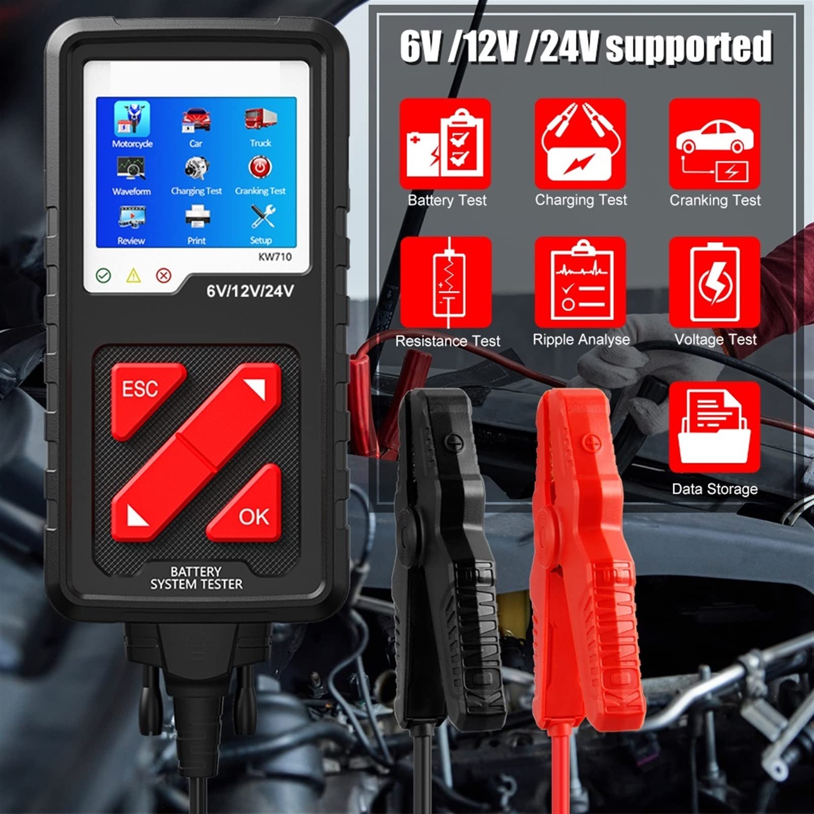 Tester batteria KW710. Tester della batteria del camion dell'automobile del motociclo 6 V 12V 24V. Analizzatore della batteria 2000. Cca. Carica degli strumenti di prova a manovella for la macchina