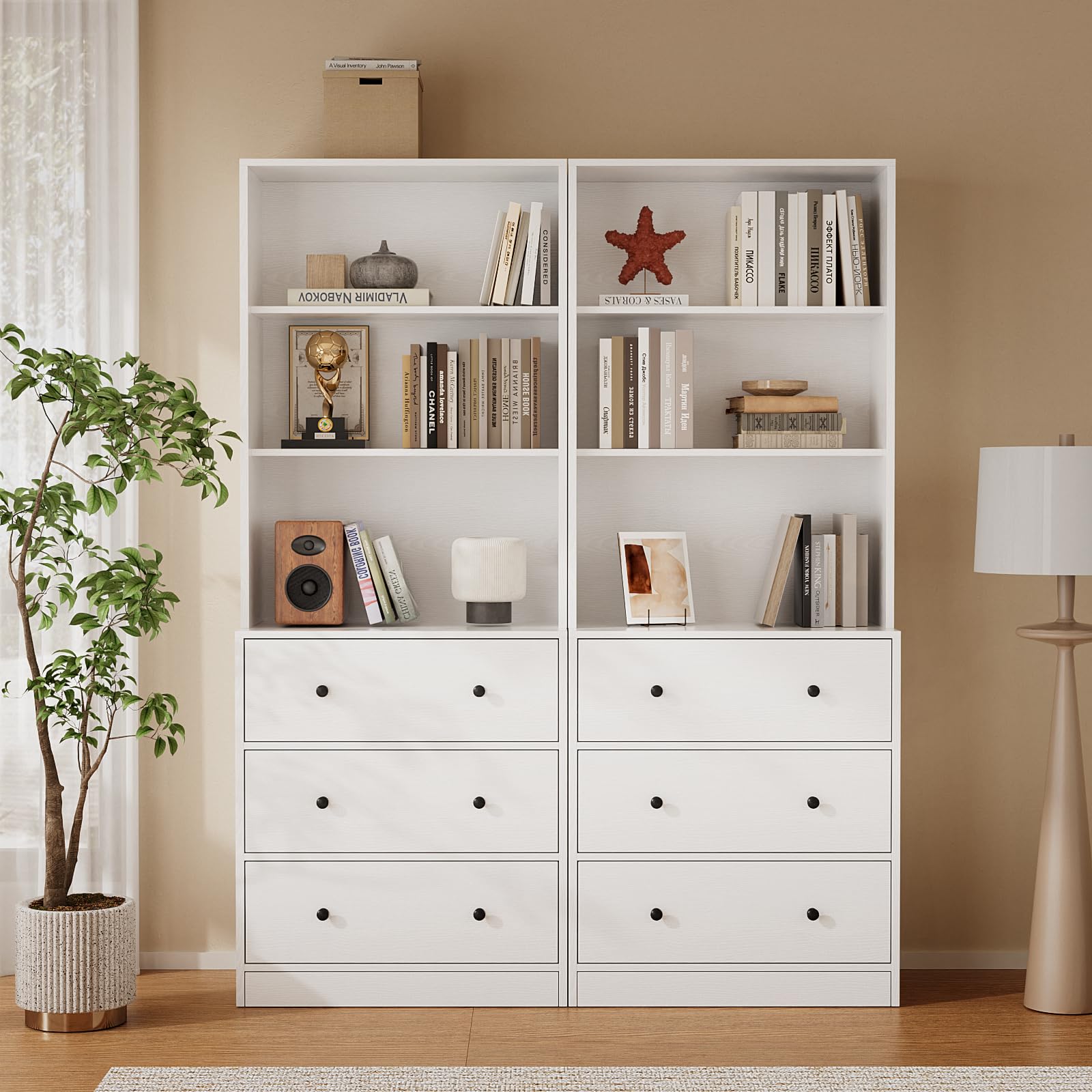 TUSY 71'' Wood Bookshelf with 3 Drawers - 6 Tier Freestanding Tall Storage Cabinet, Modern Floor Cabinet for Bedroom, Curio Cabinets with Storage for Living Room, Home Office (2, White)