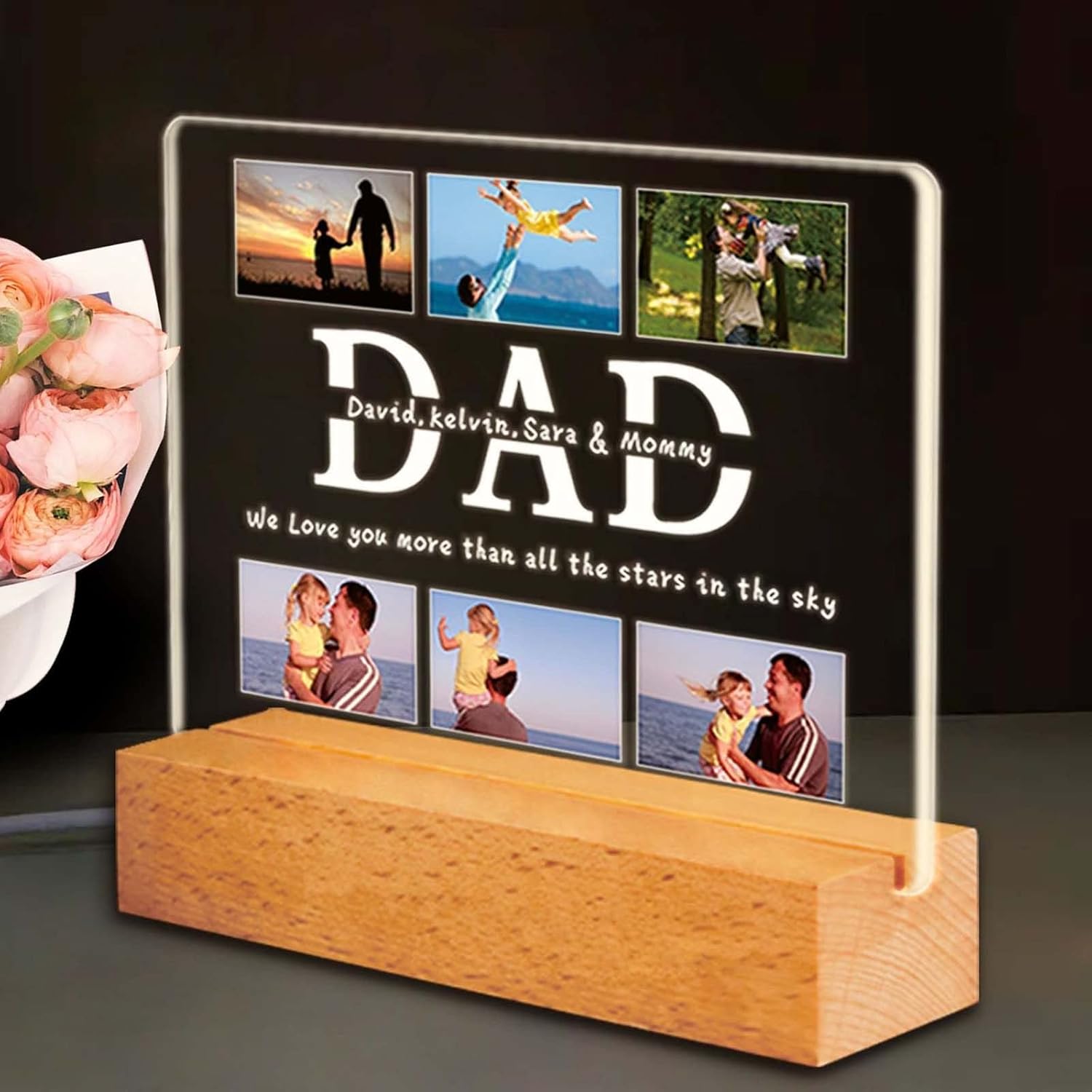 Personalized DAD Night Light with MultiPhoto Custom Engraved Text, Led