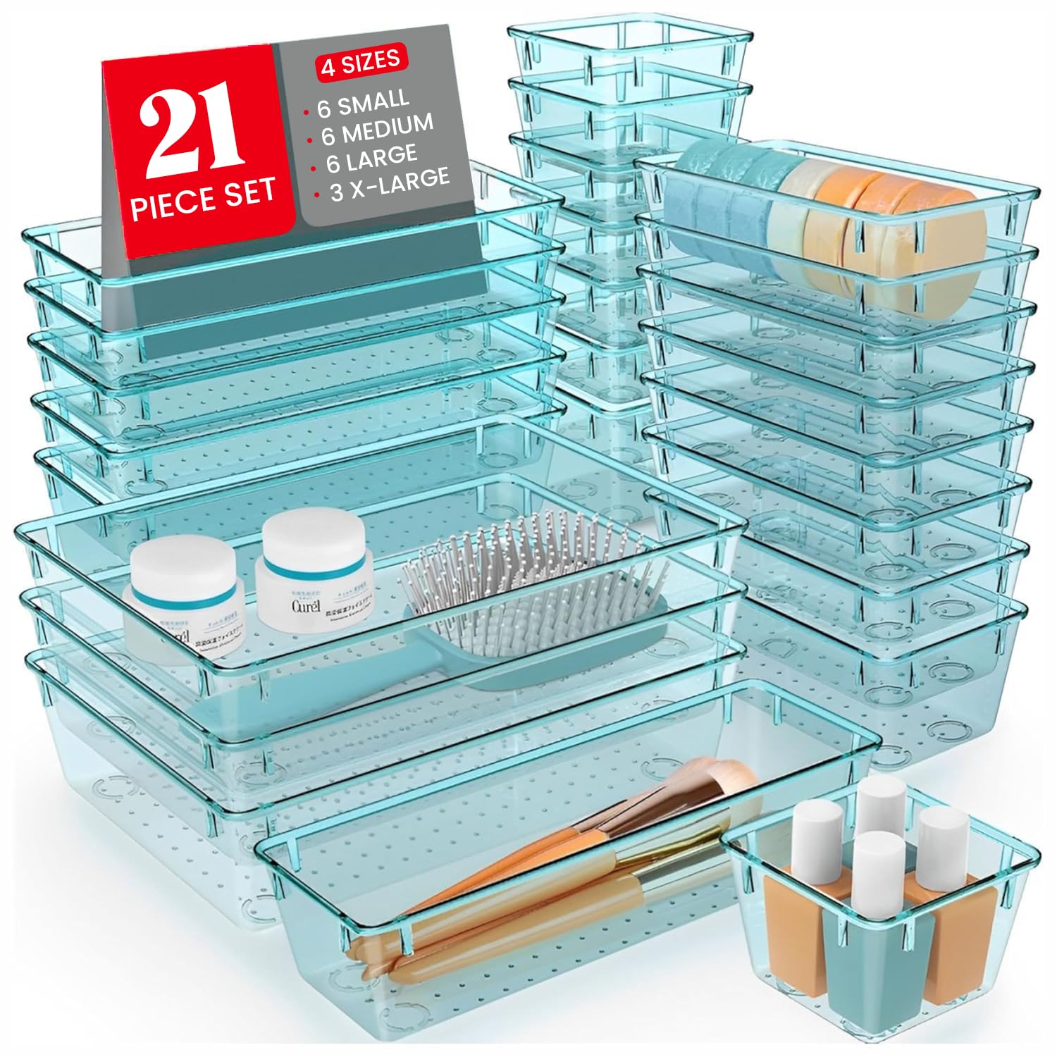 TEX-RO Drawer Organizer Tray/Multi-Purpose Drawers Organisers/Dressing Table Organiser & Make up Organiser/Perfect for Cosmetics, Jewelry, Kitchen and Bathroom (21 pcs, Sea-Blue)