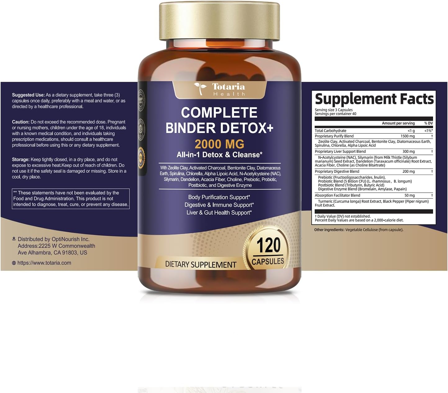 Totaria 2000MG Complete Binder Detox+ Activated Charcoal, Zeolite, Bentonite Clay, NAC, Milk Thistle, Probiotic, All-in-1 Detox & Cleanse Supplement, Liver & Gut Support, 120 Counts - Image 9