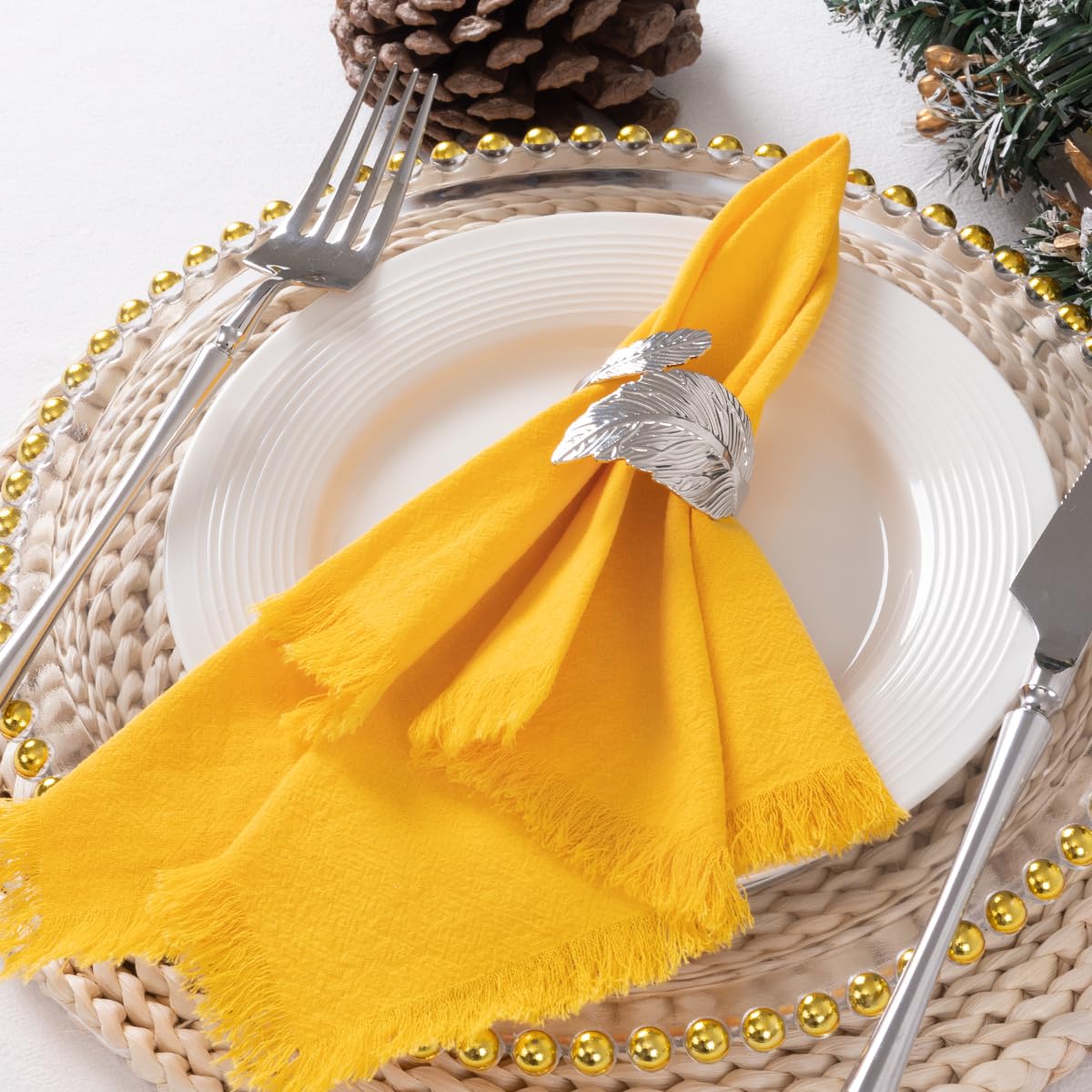 Lot de 12 Serviettes en Tissu Jaunes en Coton et Lin avec Franges Faites à la Main en Vrac pour Mariage, Thanksgiving, fête prénuptiale, Noël, Utilisation Quotidienne 45,7 x 45,7 c